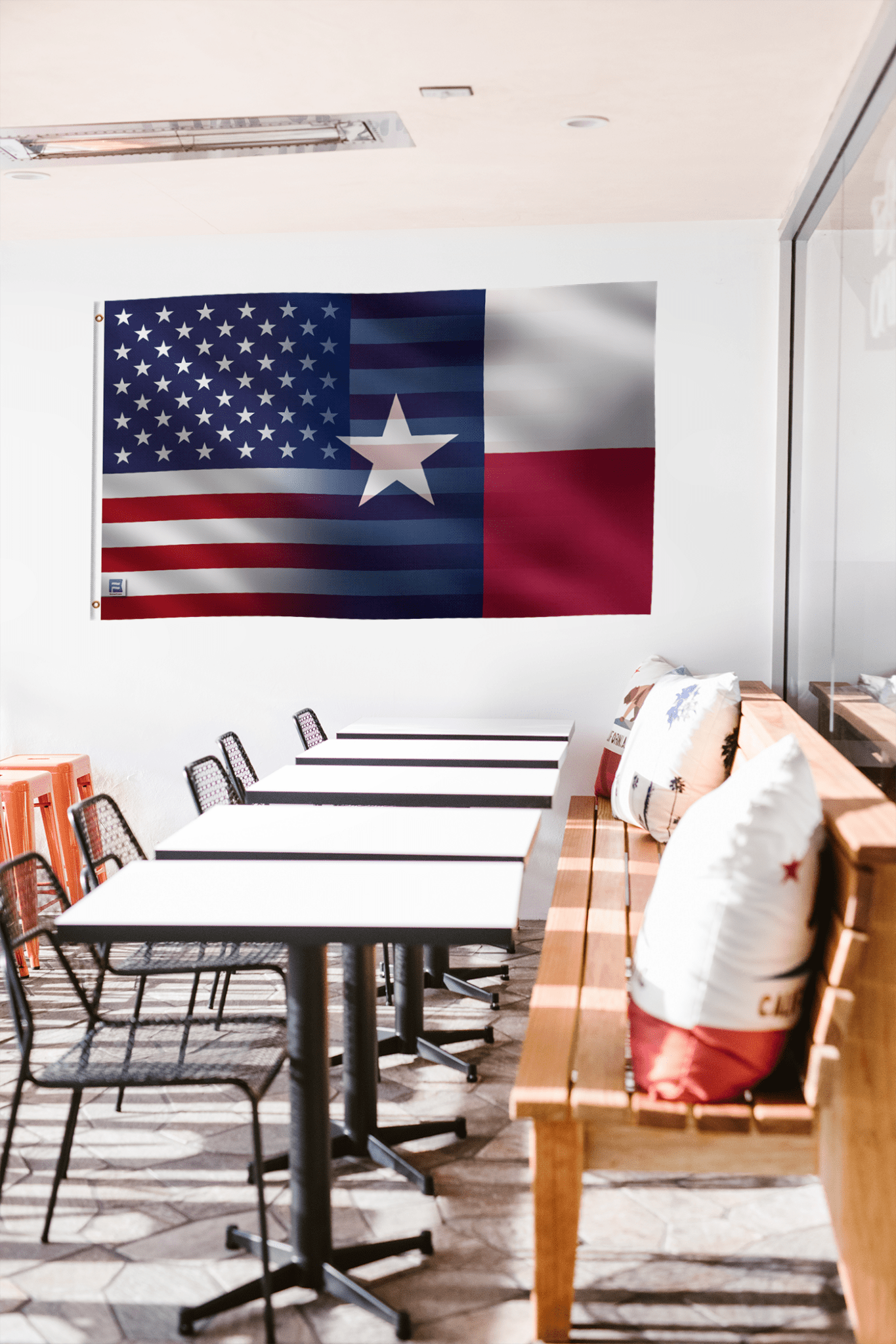 a room with a flag hanging on the wall