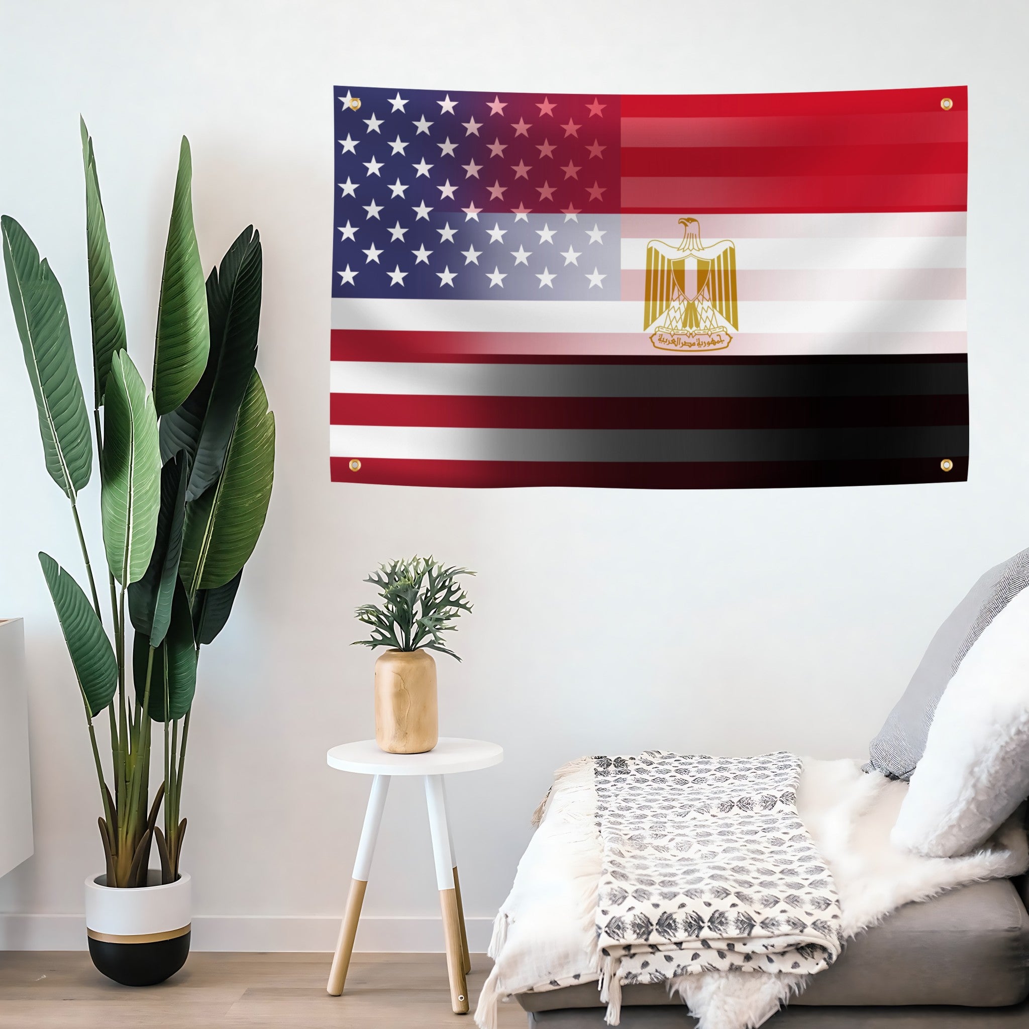 Egyptian American Hybrid Flag Banner on a living room wall.