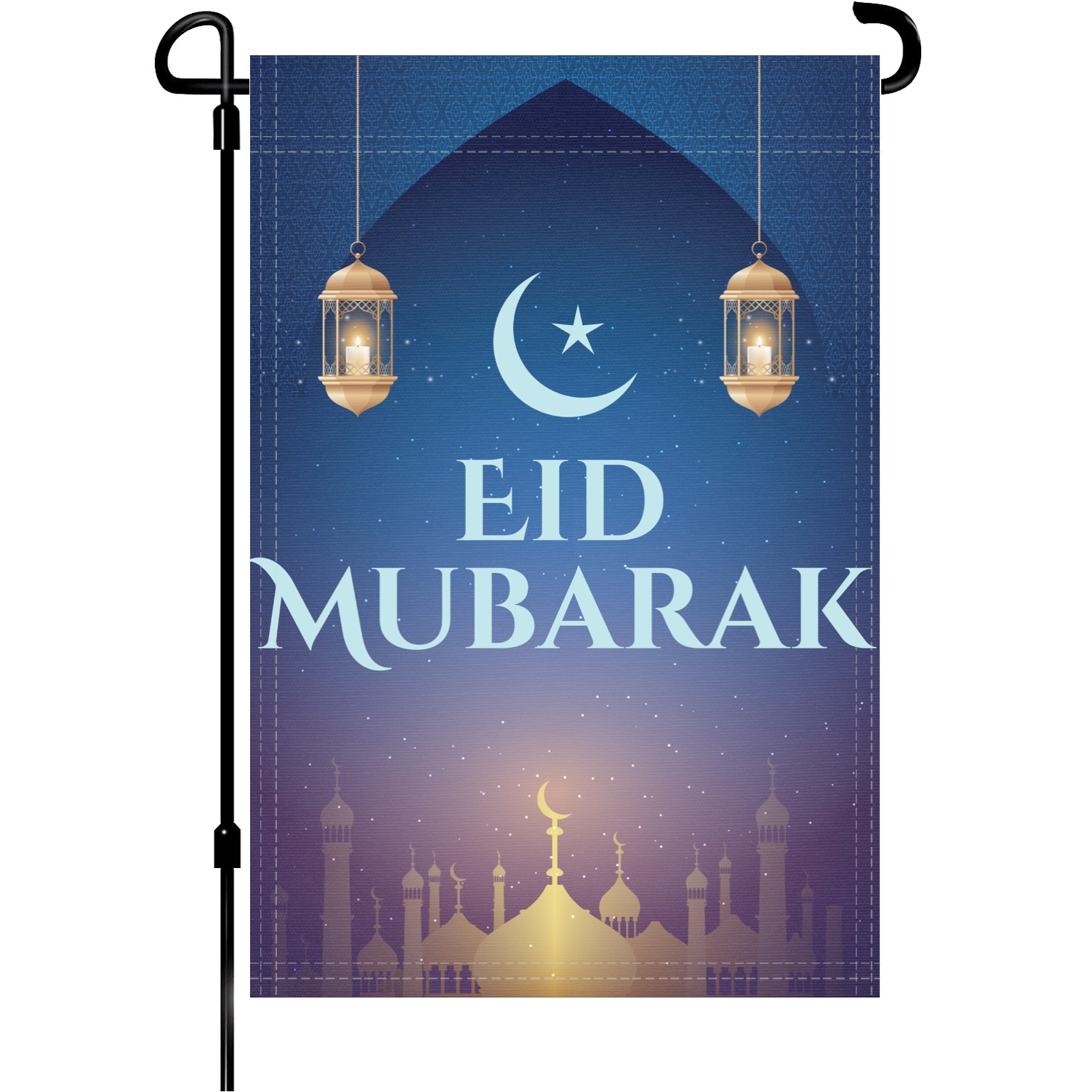 Eid Mubarak garden flag made of weatherproof polyester mounted on a garden flagpole | Bannerfi