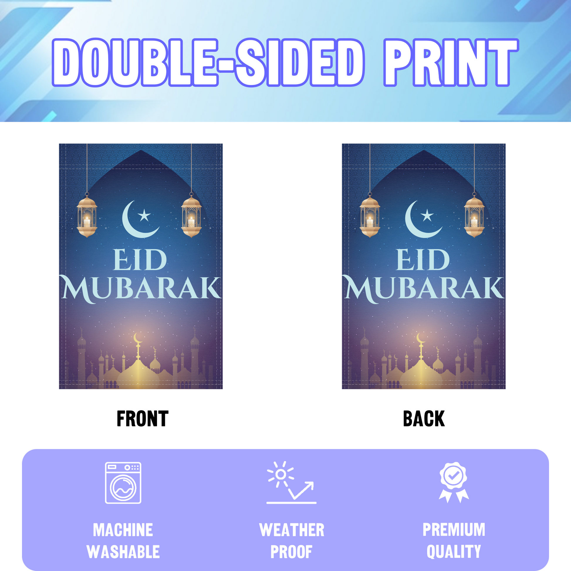 Eid Mubarak garden flag displayed in an infographic, showing the double sided print and high quality characteristics | Bannerfi