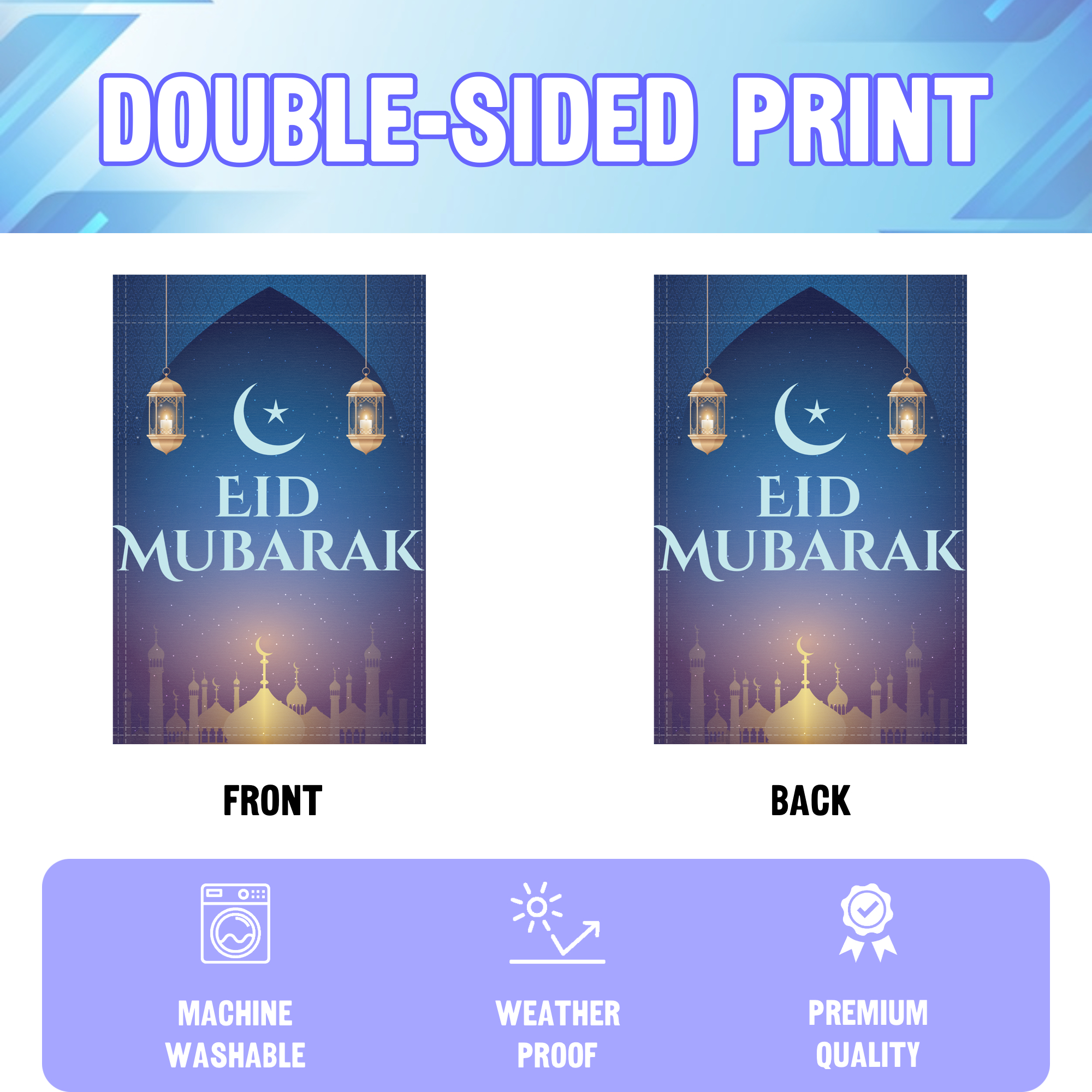 Eid Mubarak garden flag displayed in an infographic, showing the double sided print and high quality characteristics | Bannerfi
