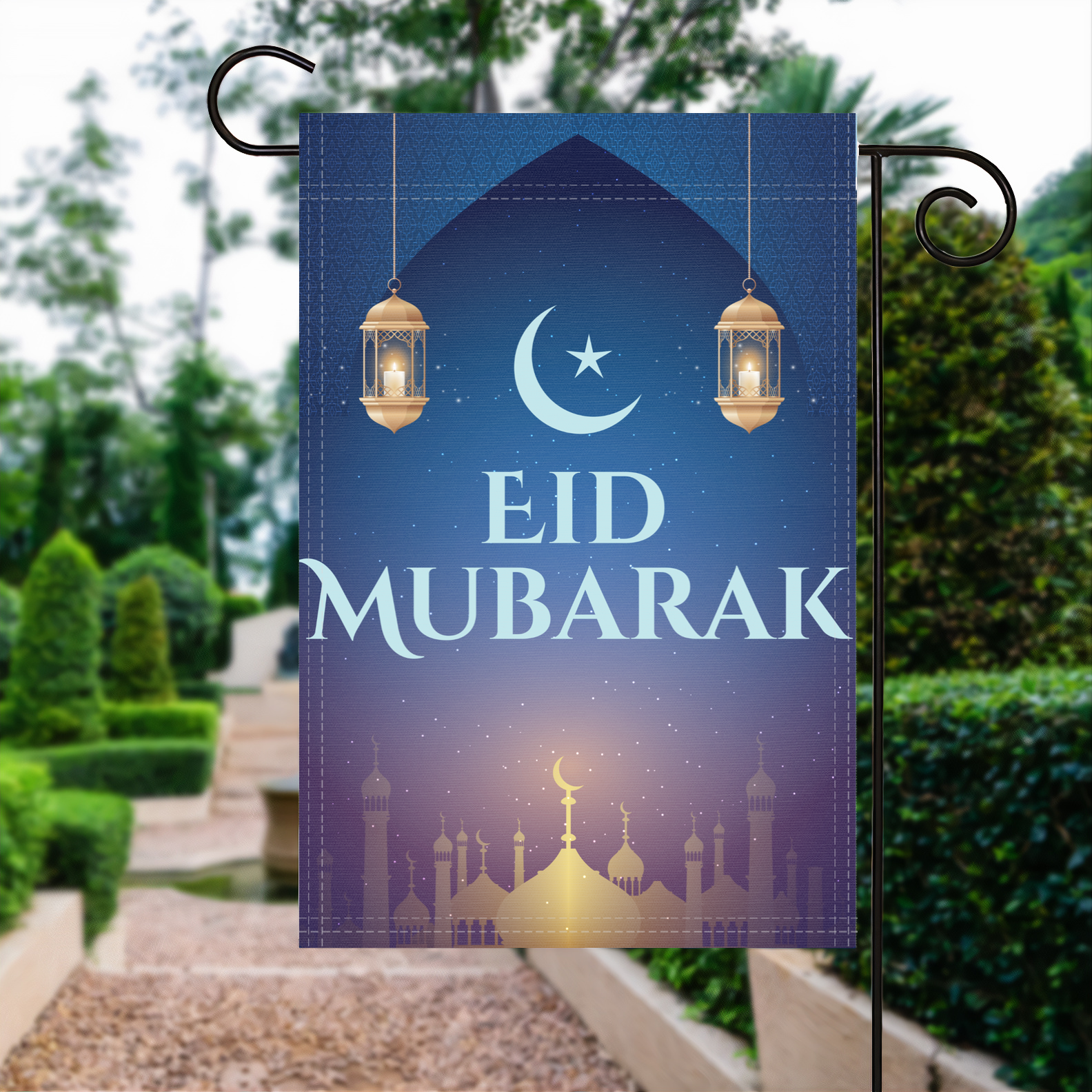 Eid Mubarak garden flag made of weatherproof polyester displayed in a garden | Bannerfi