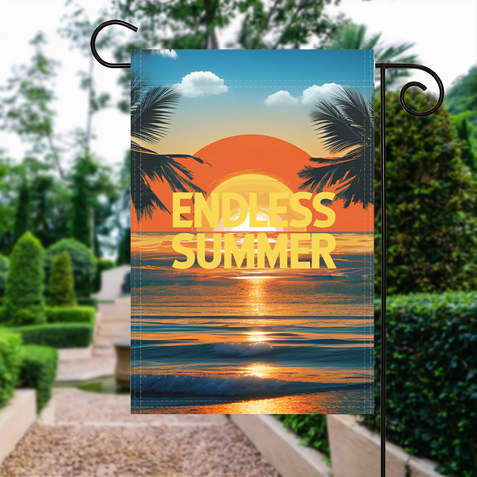 Endless Summer garden flag made of weatherproof polyester displayed in a garden | Bannerfi