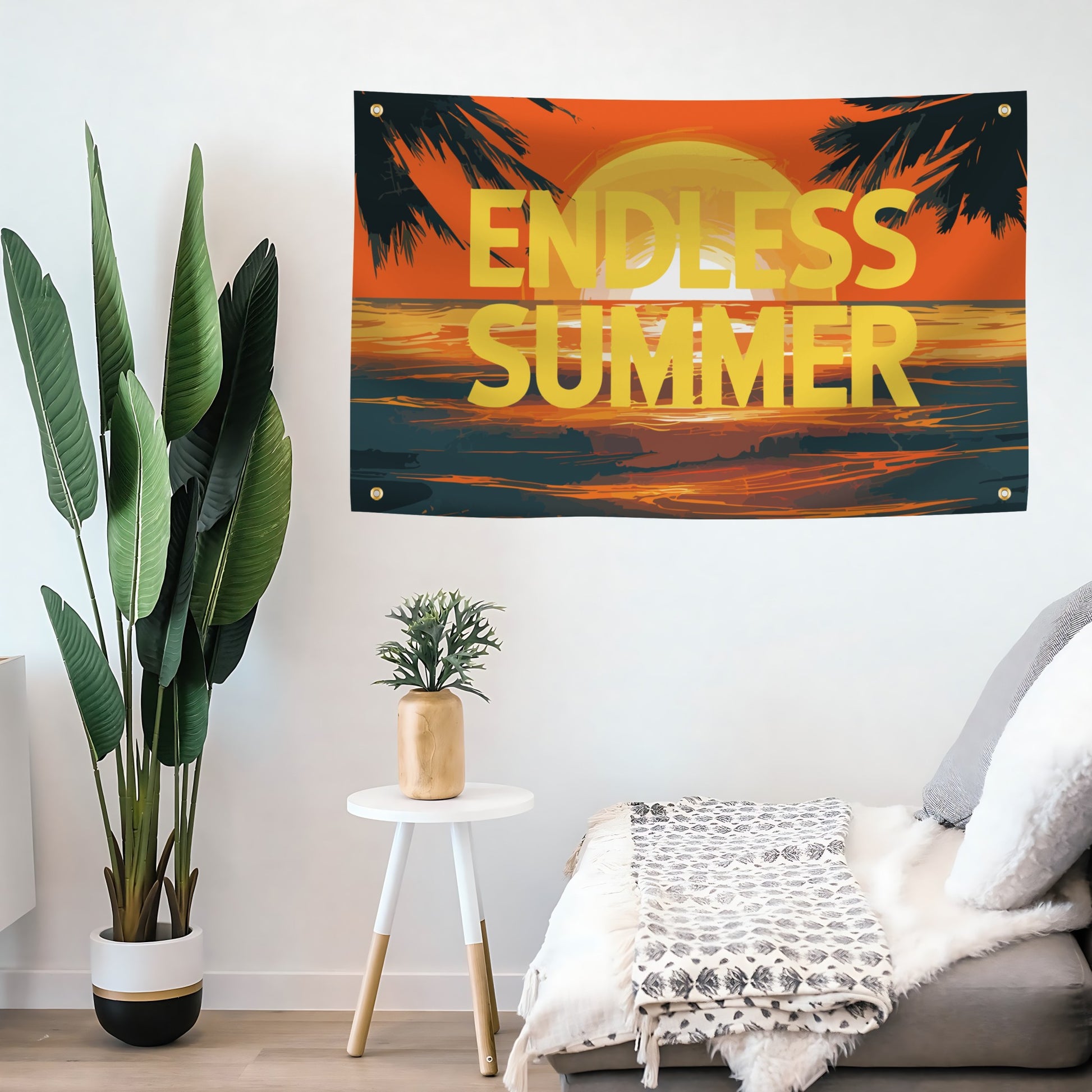 Decorative flag banner with 'Endless Summer' text hanging on a wall above a sofa.