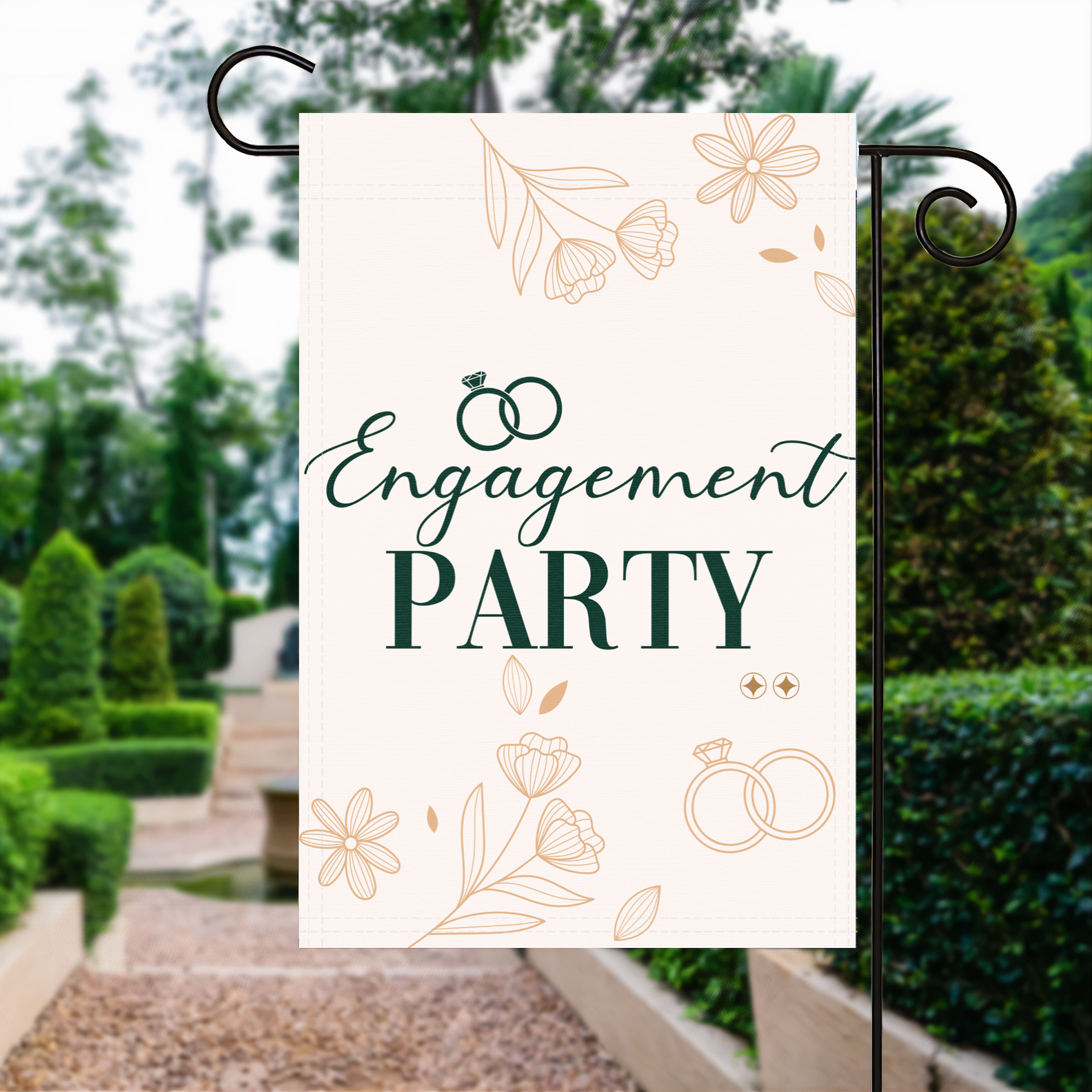 Engagement Party garden flag made of weatherproof polyester displayed in a garden | Bannerfi