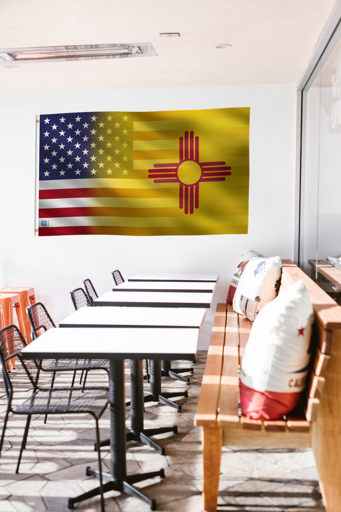 a room with a flag hanging on the wall