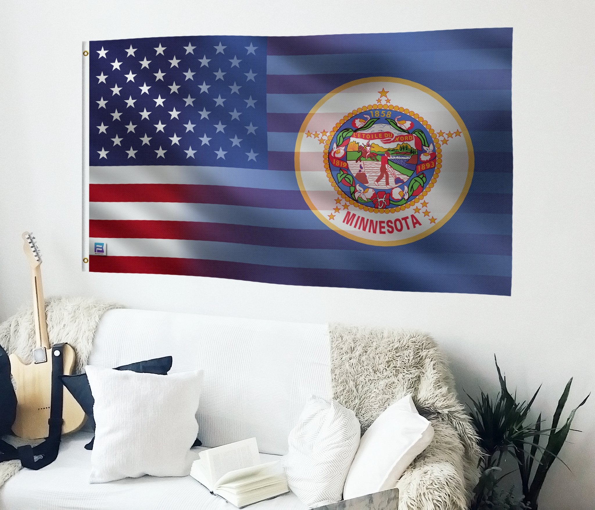 a flag hanging on the wall of a living room