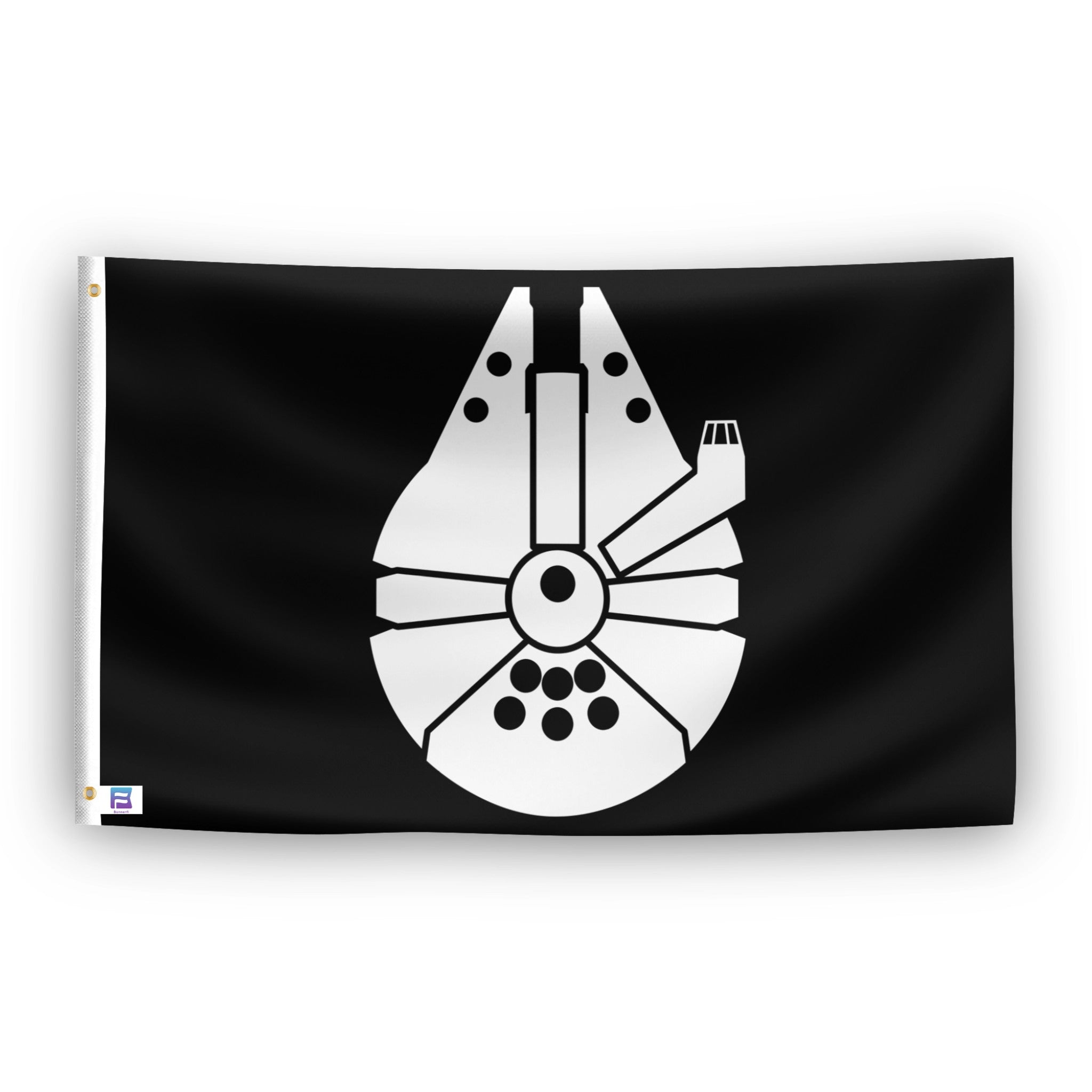 Black flag with a white Millennium Falcon design on a white background