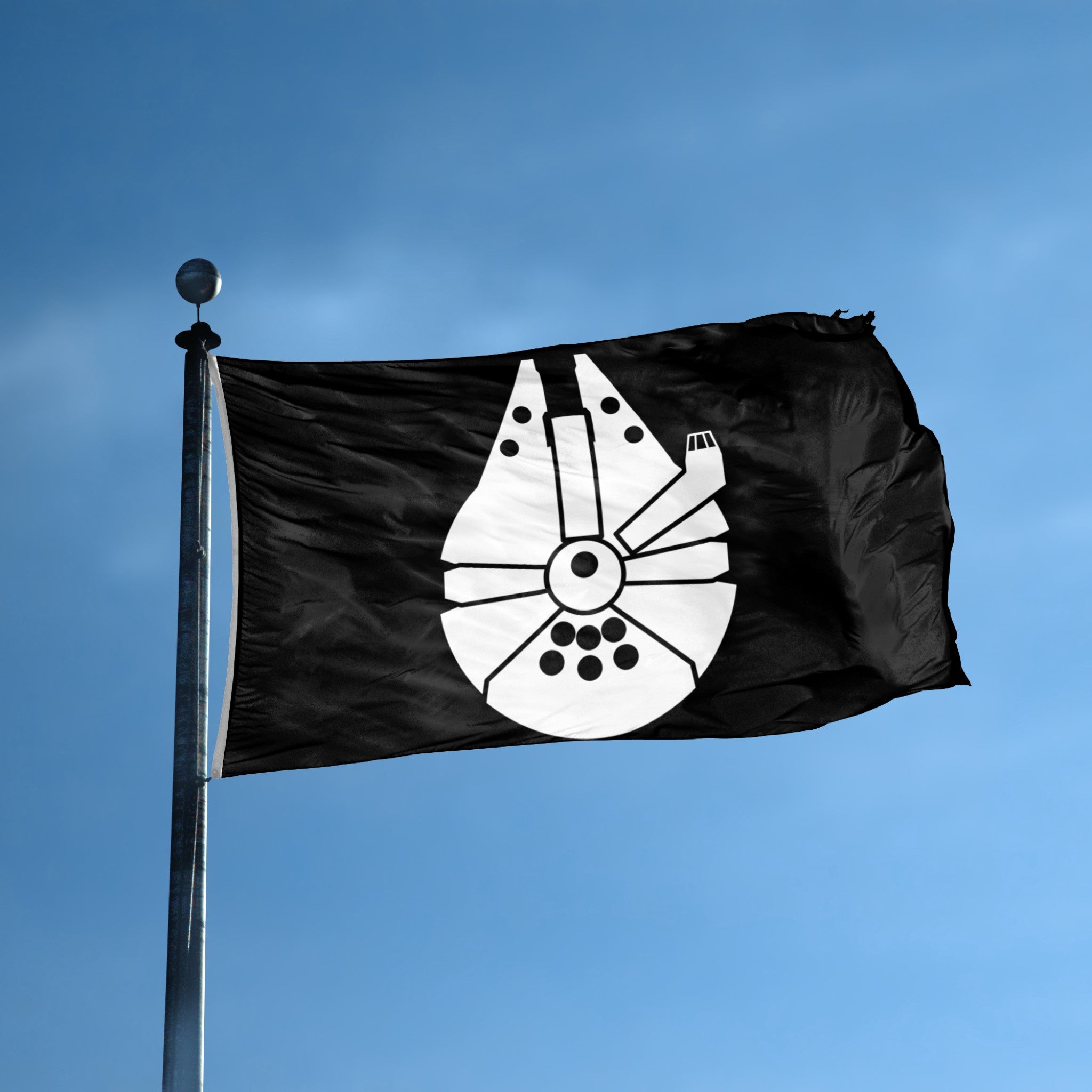 Black flag with a white Millennium Falcon emblem featuring a spaceship design against a blue sky.