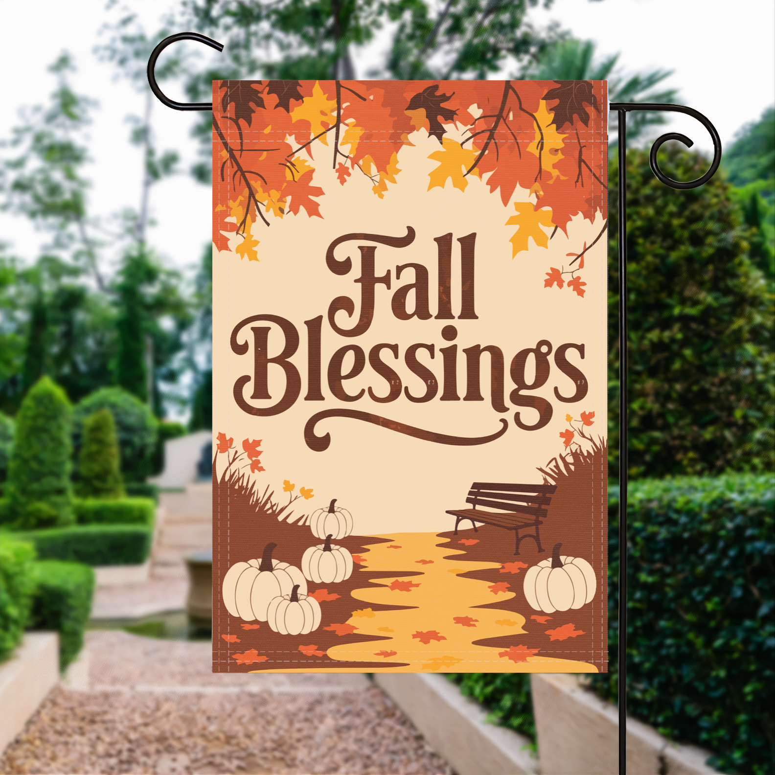 Fall Blessigns garden flag made of weatherproof polyester displayed in a garden | Bannerfi