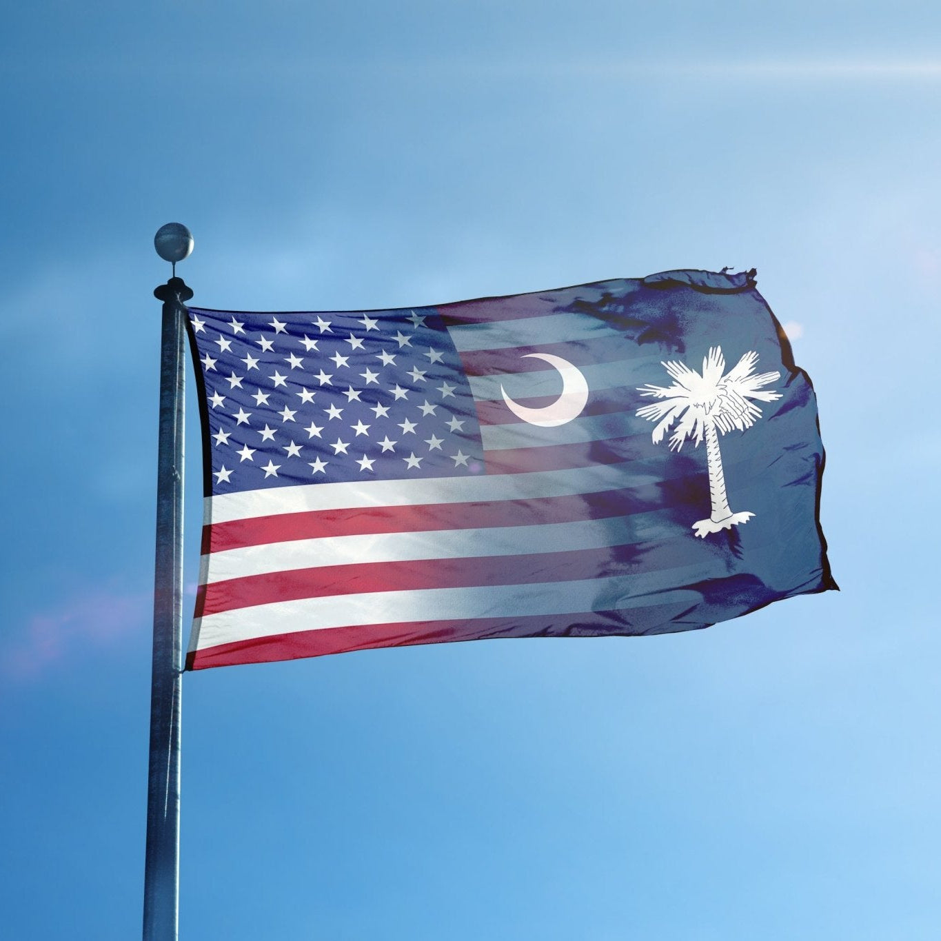 Flag with American and South Carolina designs blended together on a flagpole.