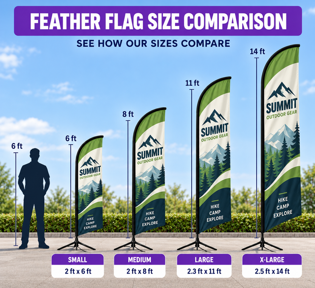 Custom Feather Flags by Bannerfi; four banners shown in a size ladder from Small to X-Large with mountain logo.