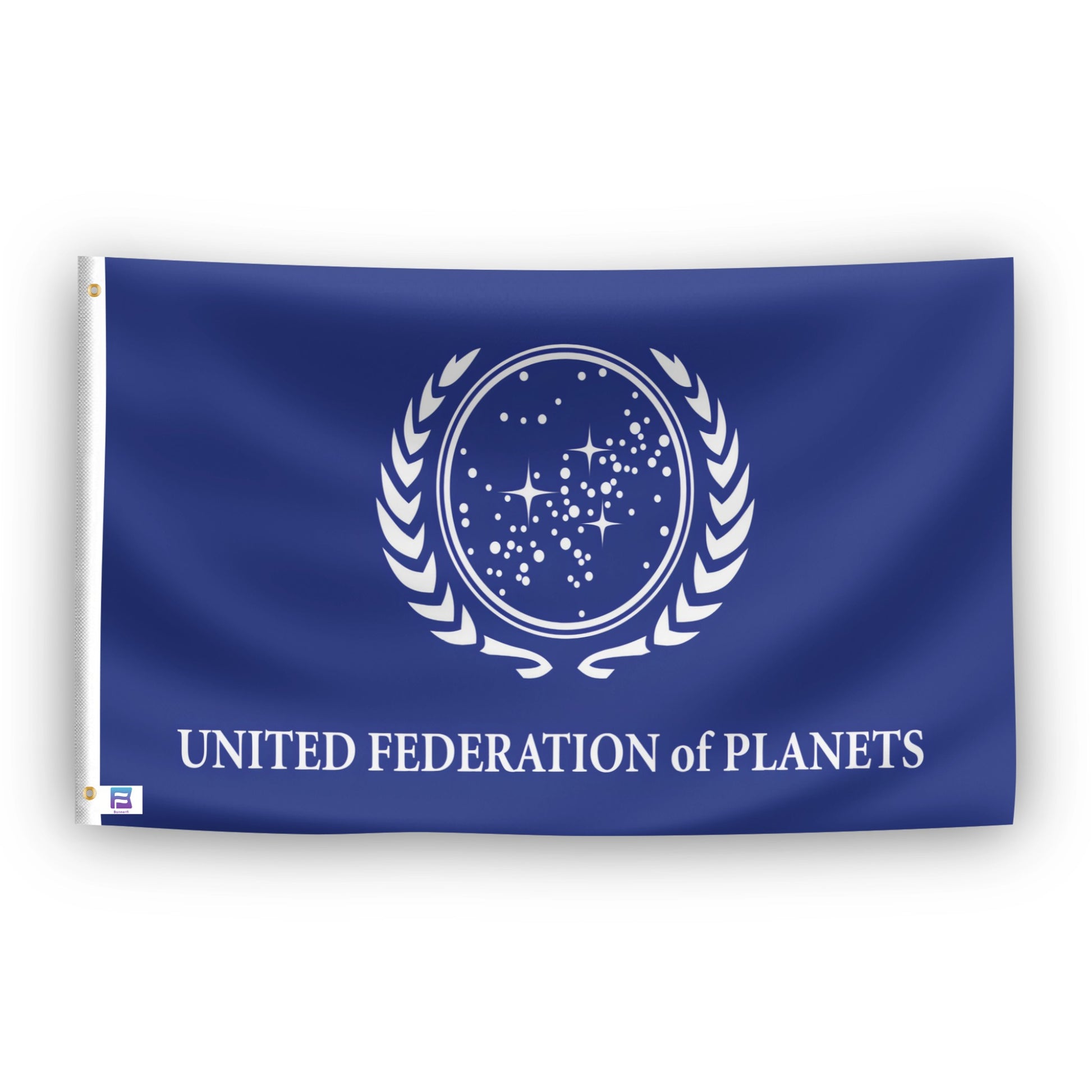Flag of the United Federation of Planets with a blue background and white emblem.
