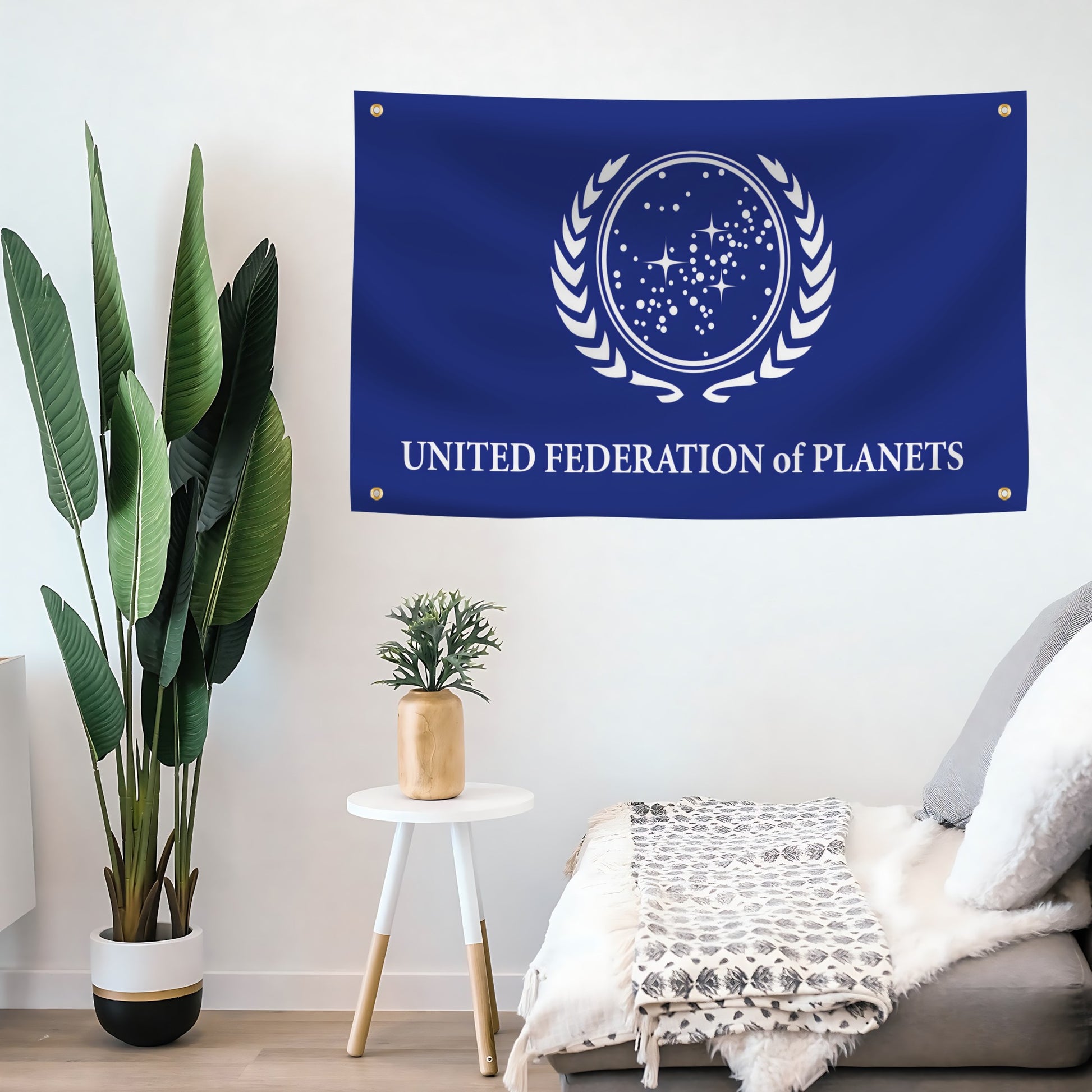 United Federation of Planets flag banner hanging on a wall in a room with plants and furniture.
