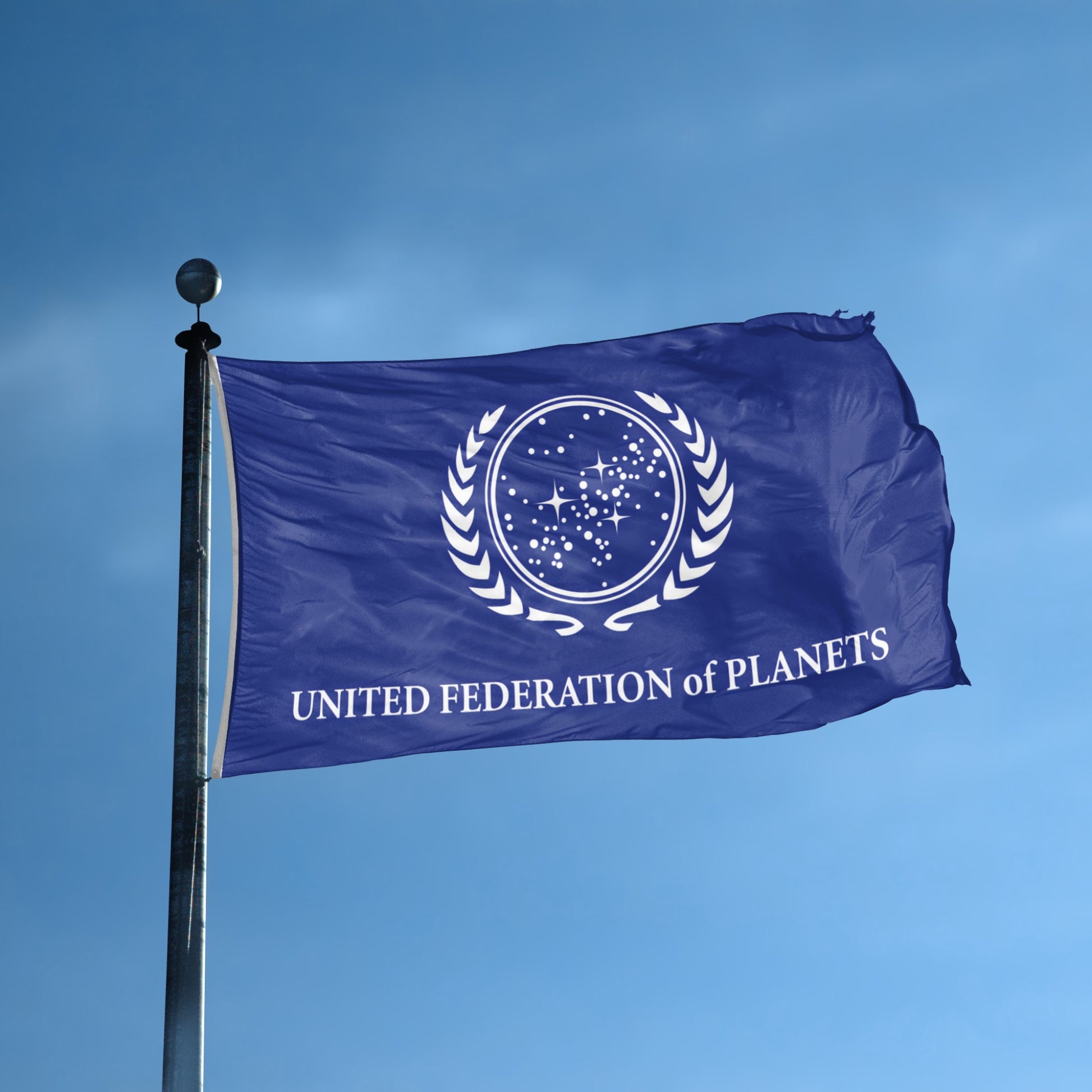 Flag of the United Federation of Planets against a blue sky