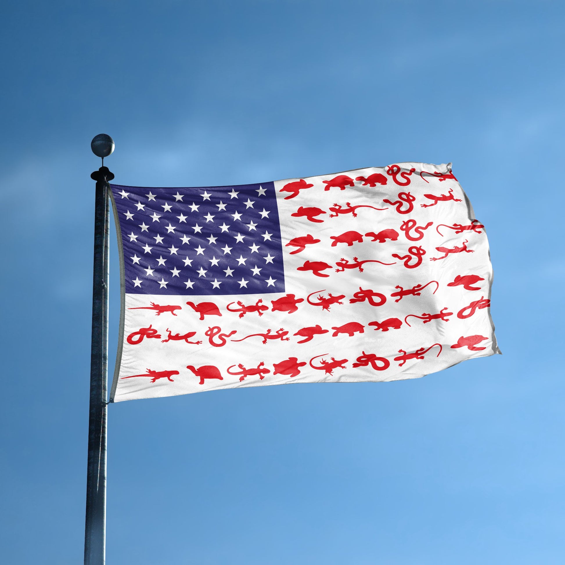 An american flag with the red stripes changed to match the theme "Reptile Stripes American" displayed on a high pole.