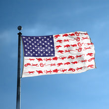 Load image into Gallery viewer, An american flag with the red stripes changed to match the theme &quot;Reptile Stripes American&quot; displayed on a high pole.
