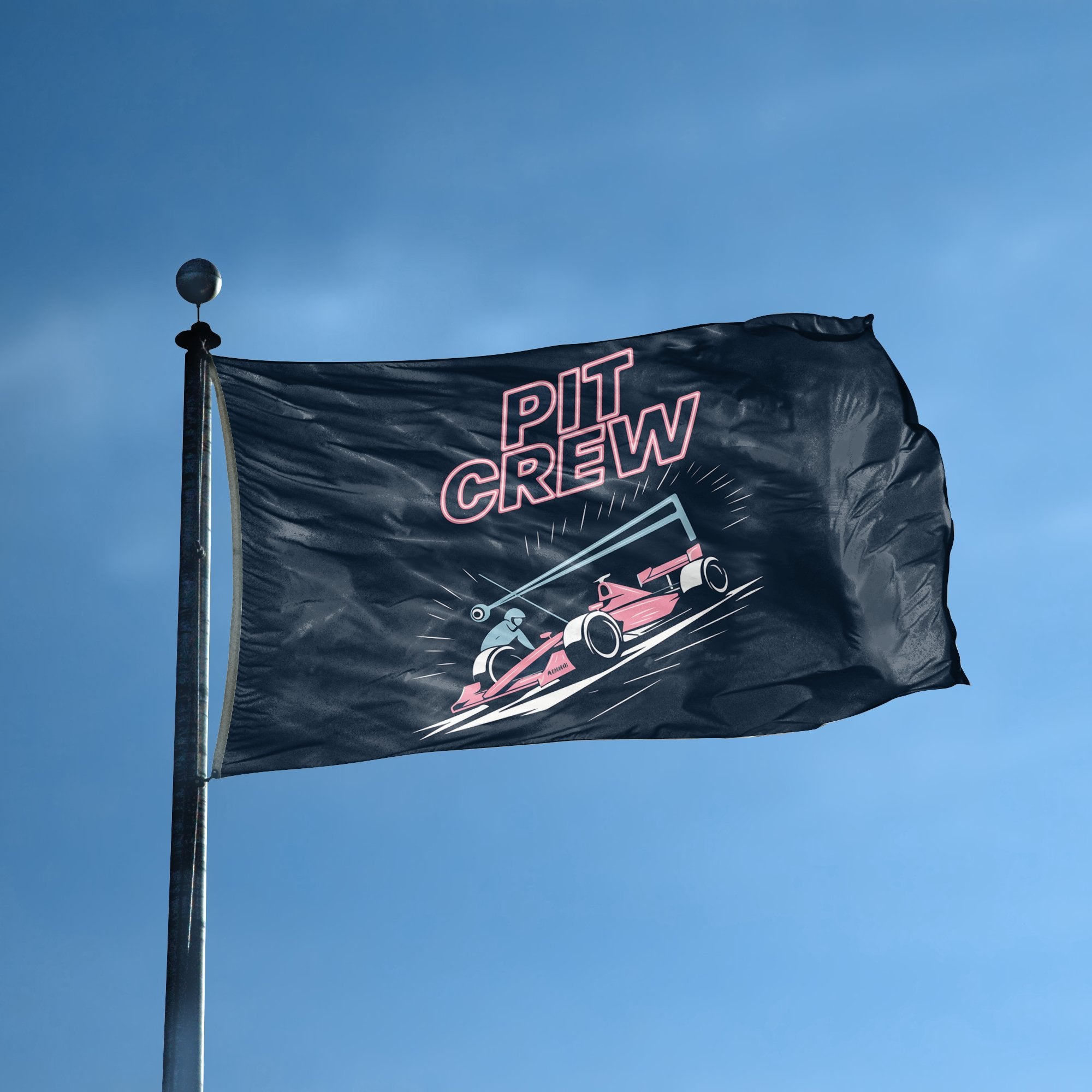 A flag with the saying "PIT Crew" displayed on a high pole, with a neon style color scheme.