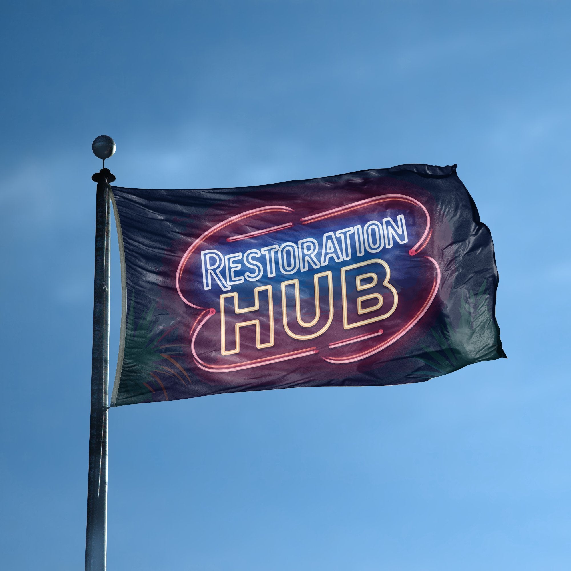 A flag with the saying "Restoration Hub" displayed on a high pole, with a neon style color scheme.