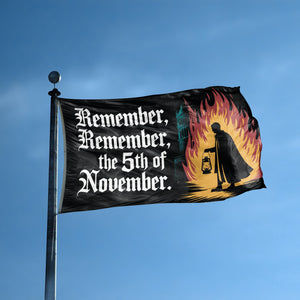 A flag with the saying "Remember Remember The 5th Of November" displayed on a high pole, with a holiday themed color scheme.