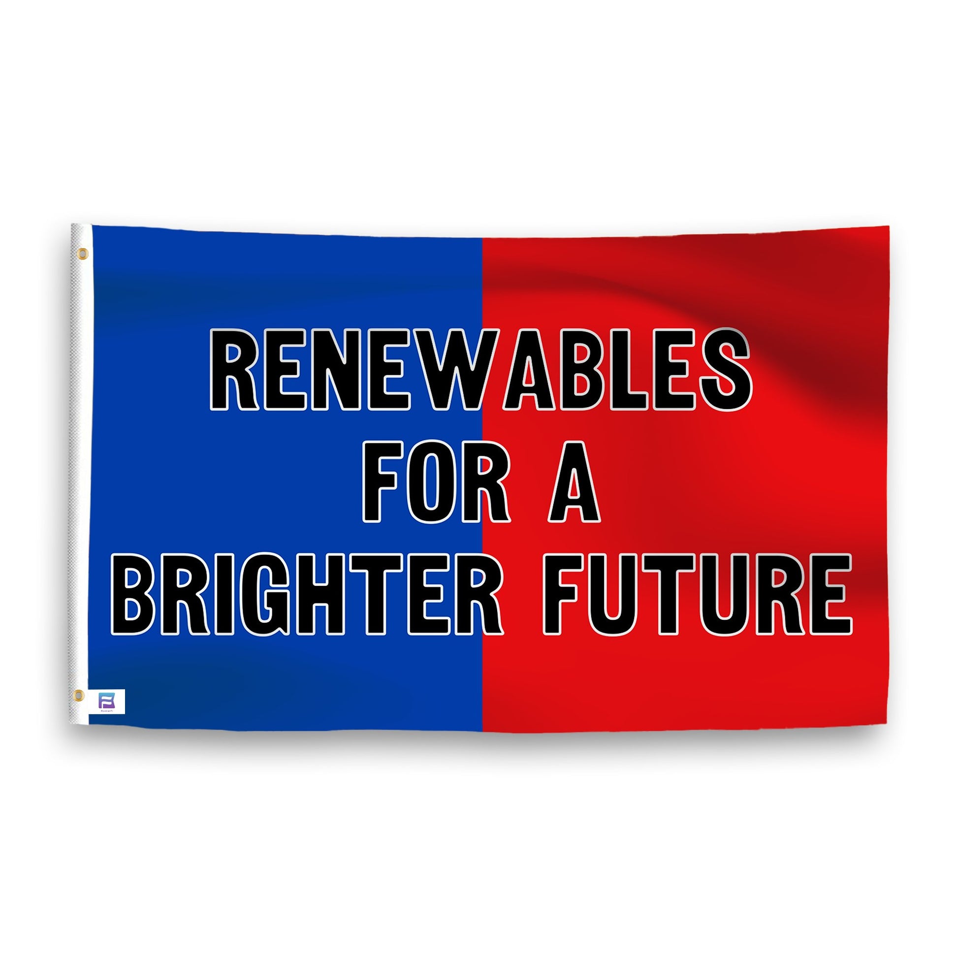 A dual-tone flag containing a political slogan, with a smooth royal blue and deep crimson texture. 