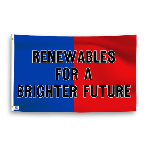 A dual-tone flag containing a political slogan, with a smooth royal blue and deep crimson texture. 