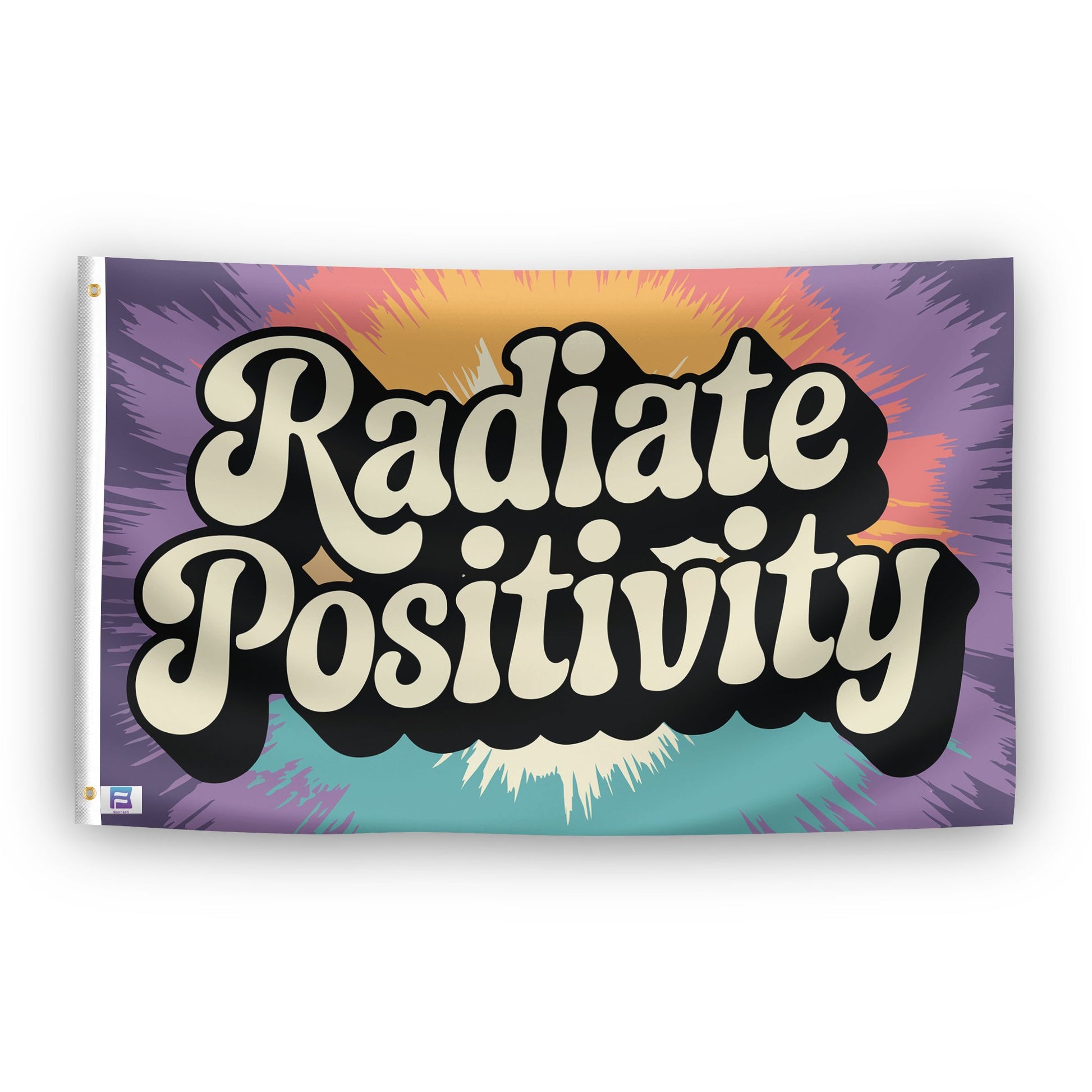 A flag with the saying "Radiate Positivity", with a tie dye style color scheme.