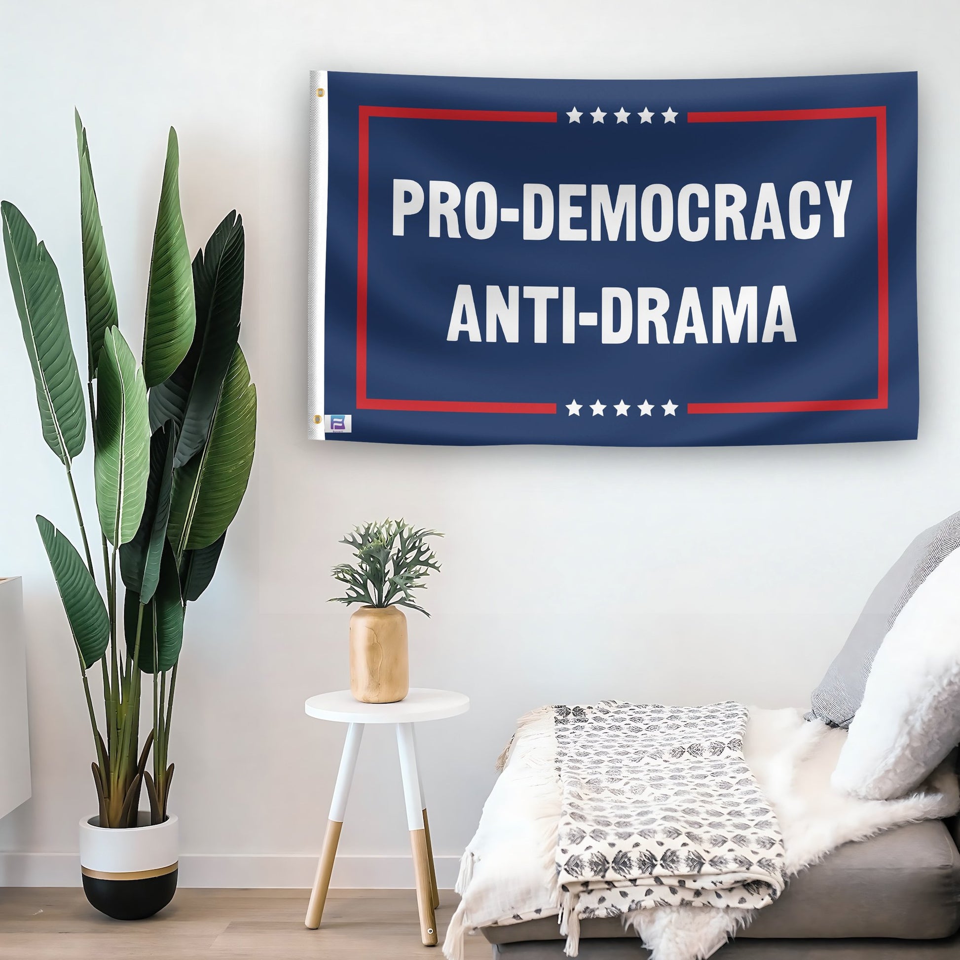 In a home setting, a flag with the saying "Pro-Democracy Anti-Drama Political" is mounted on a white wall by a side table.