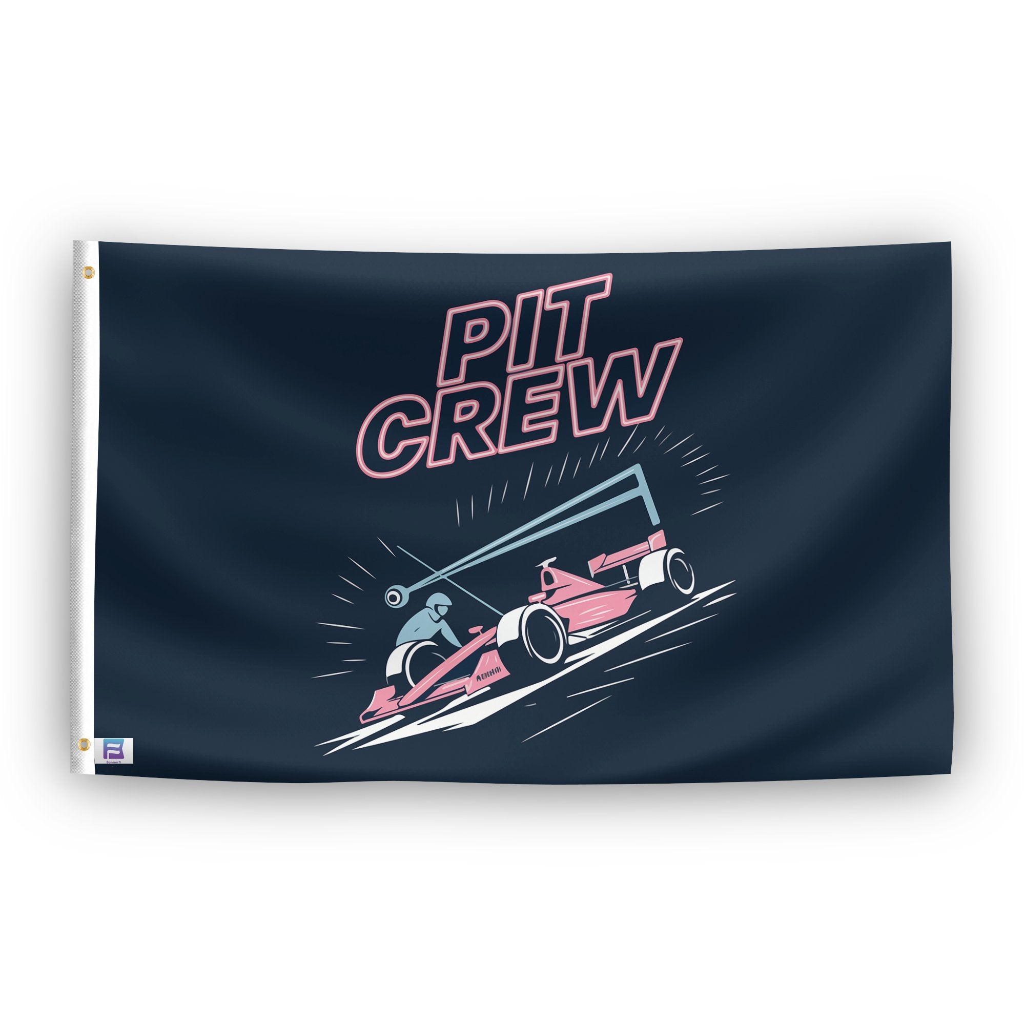 A flag with the saying "PIT Crew", with a neon style color scheme.