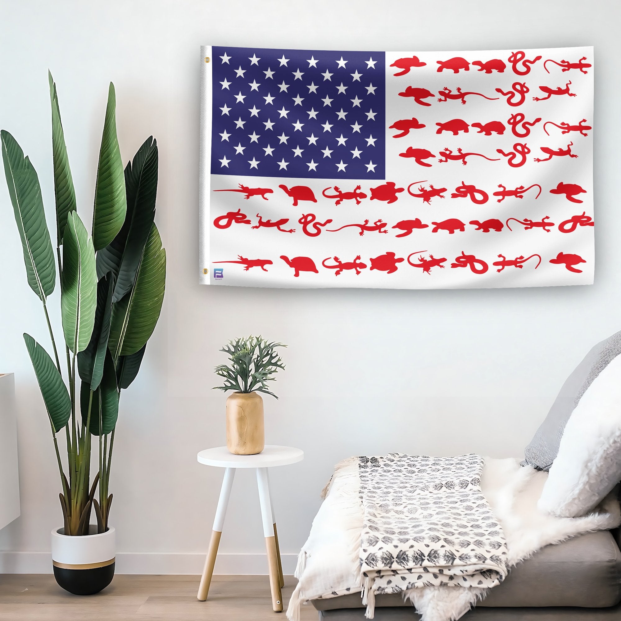 In a home setting, an american flag with the theme "Reptile Stripes American" is mounted on a white wall by a side table.