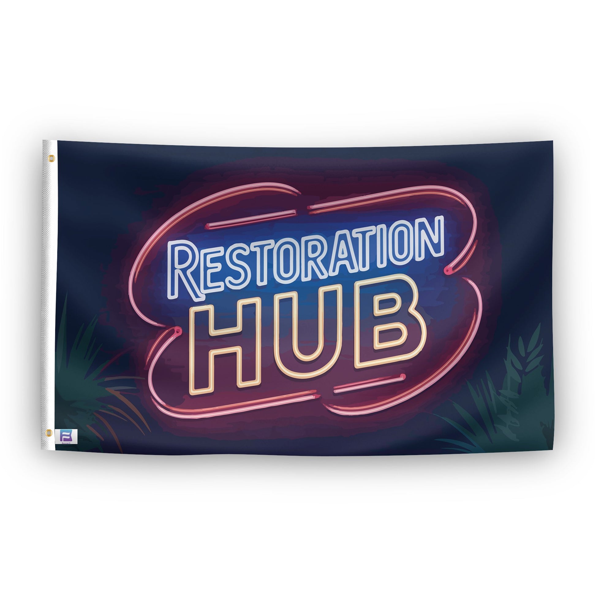 A flag with the saying "Restoration Hub", with a neon style color scheme.