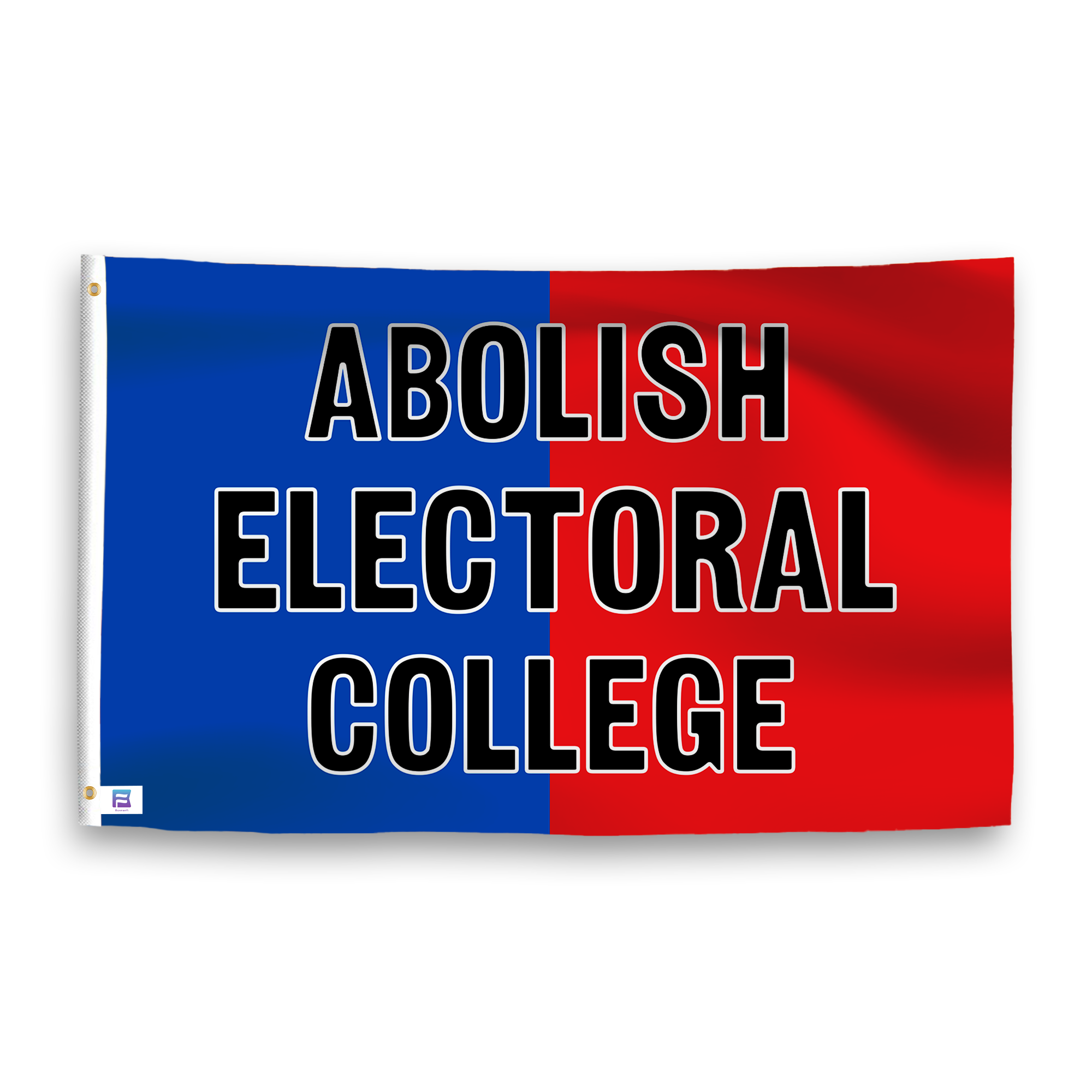 A dual-tone flag containing a political slogan, with a smooth royal blue and deep crimson texture. 