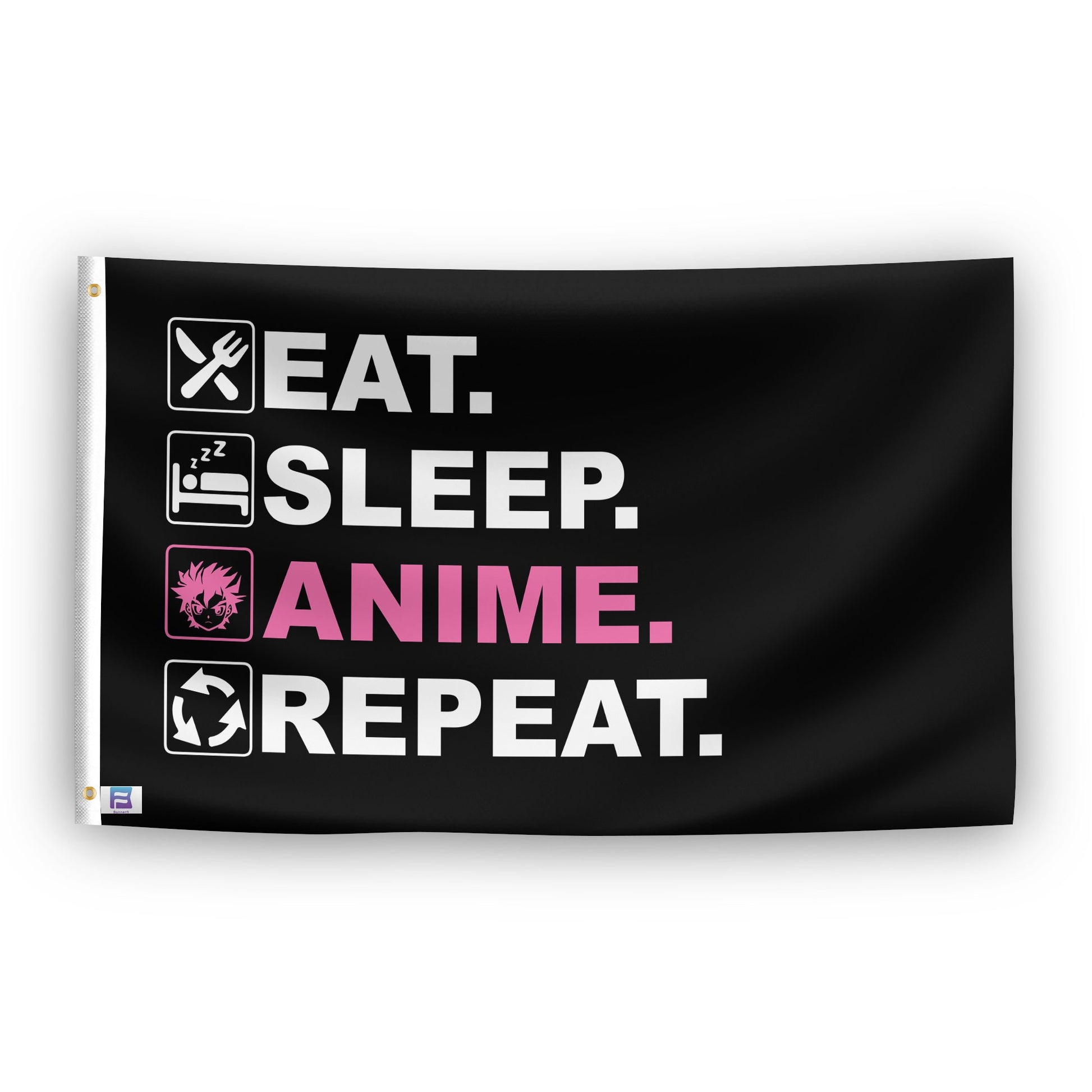 A flag with the saying "Eat Sleep Anime Repeat", with a black, white and themed color scheme.