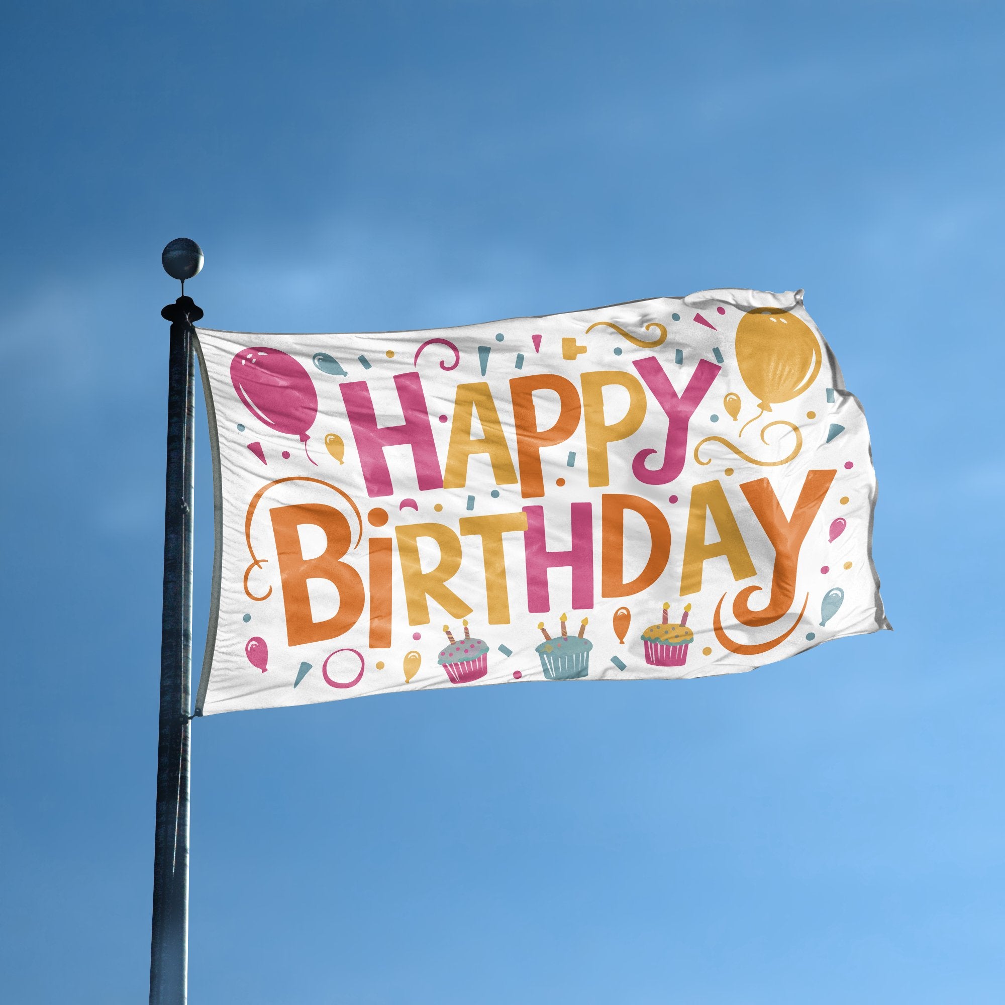 A flag with the saying "Happy Birthday" displayed on a high pole, with a special occasion color scheme.