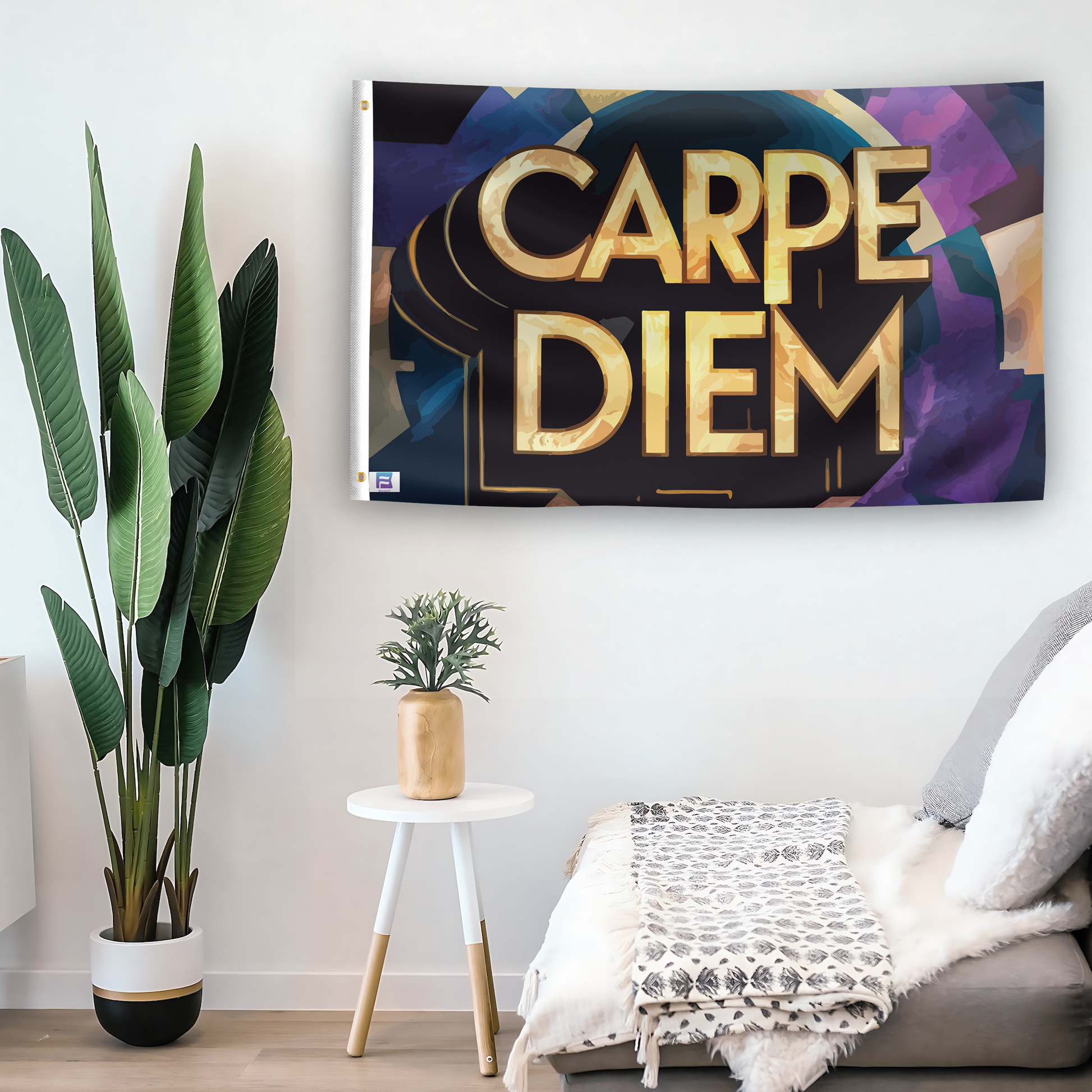 In a home setting, a flag with the saying "Carpe Diem Motivational" is mounted on a white wall by a side table.