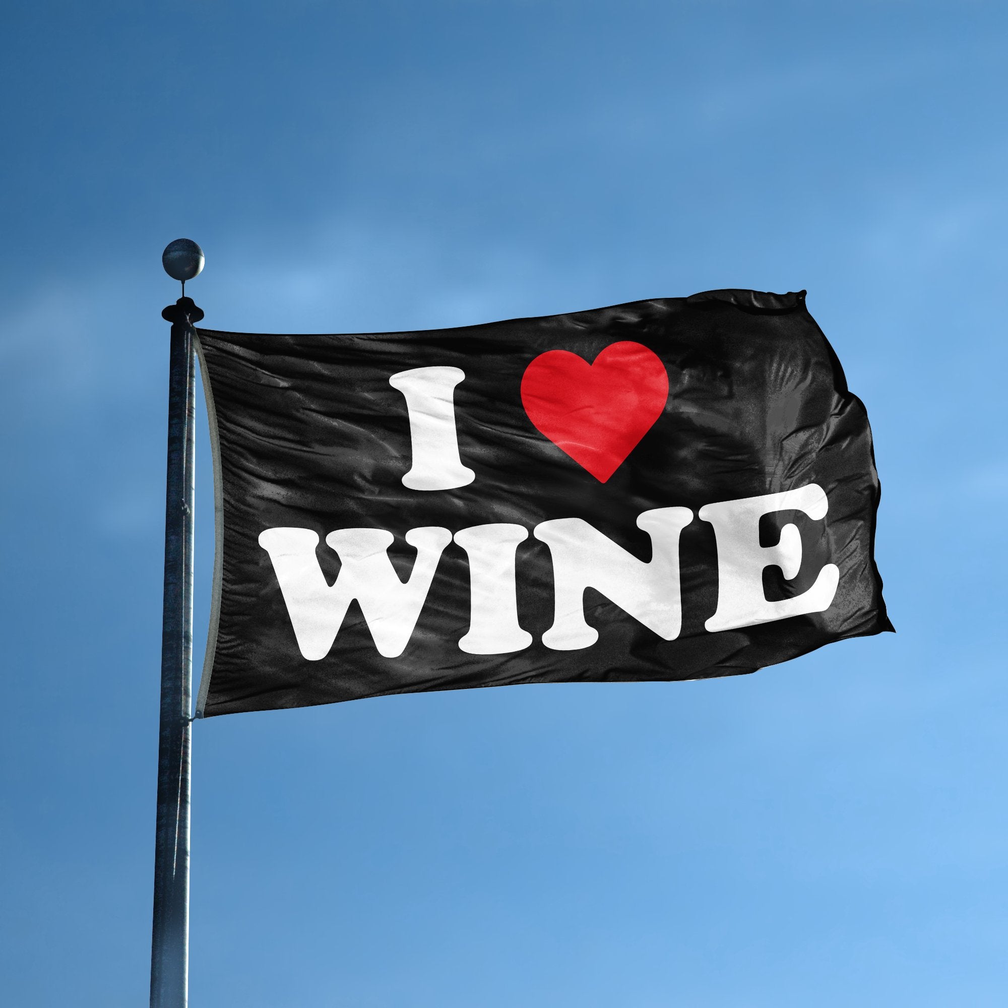 A flag with the saying "I Love Wine" displayed on a high pole, with a black, white and red color scheme.