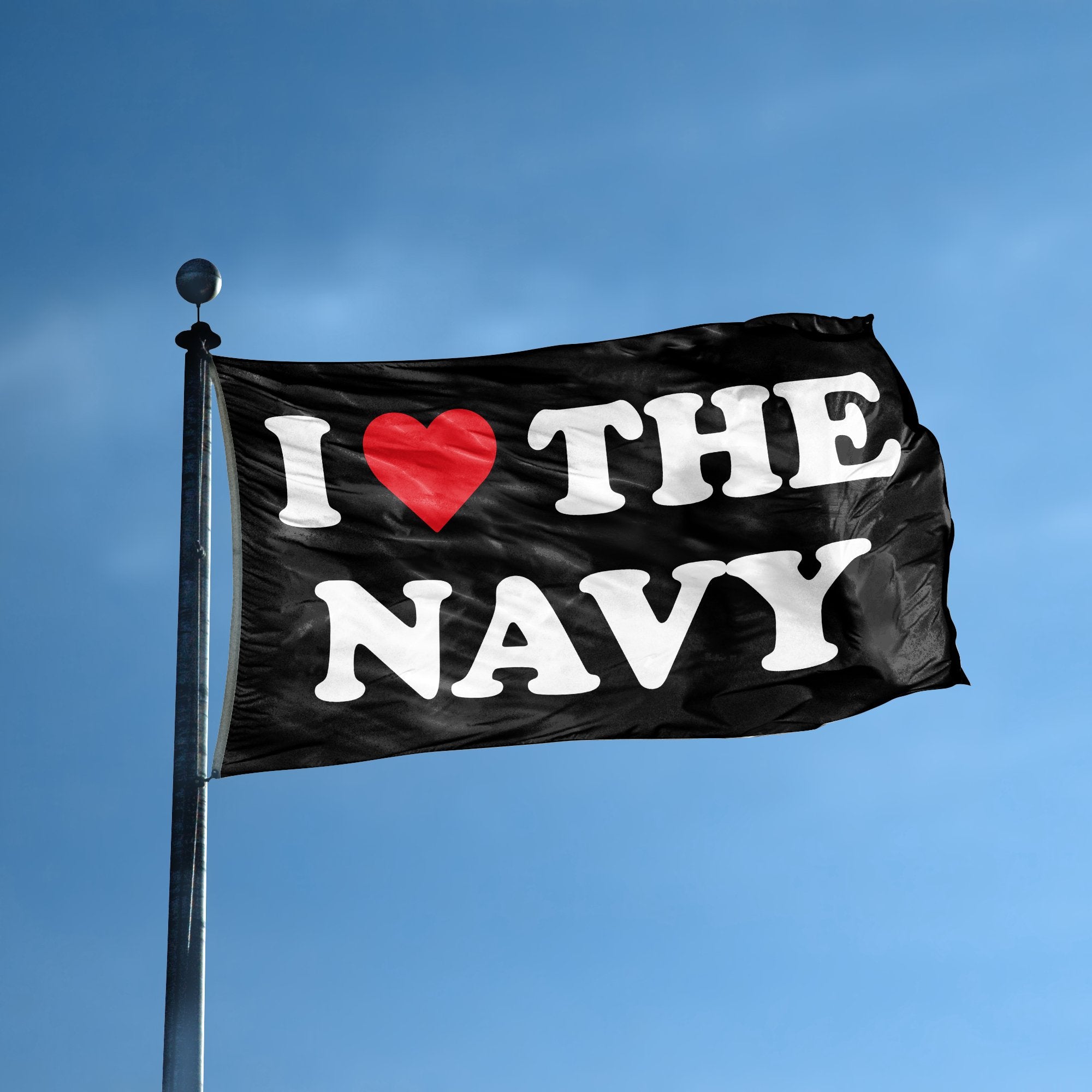 A flag with the saying "I Love The Navy" displayed on a high pole, with a black, white and red color scheme.