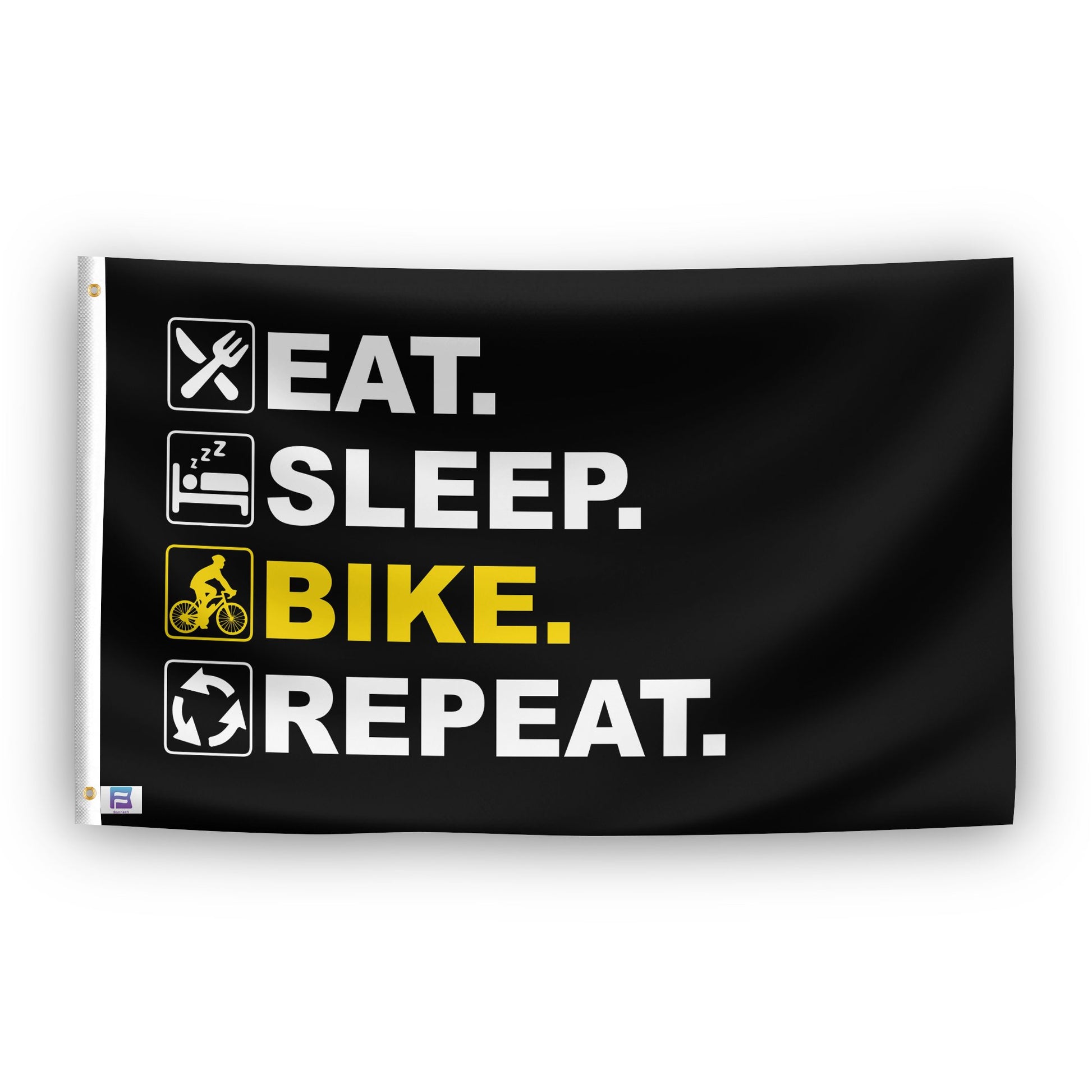 A flag with the saying "Eat Sleep Bike Repeat", with a black, white and themed color scheme.