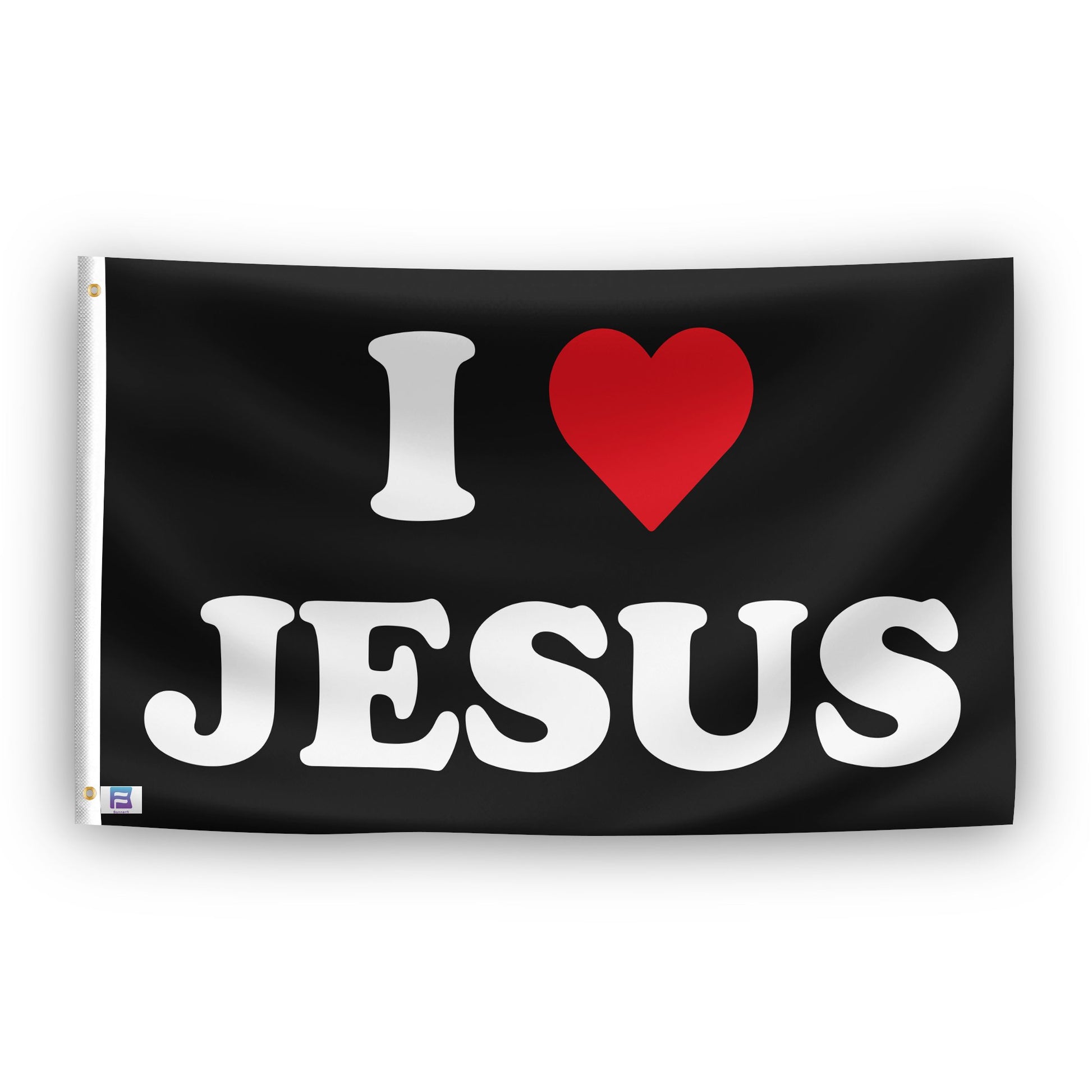 A flag with the saying "I Love Jesus", with a black, white and red color scheme.