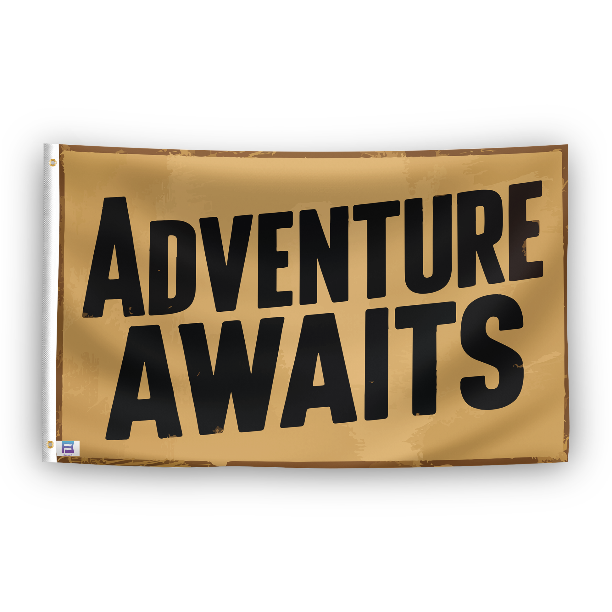 A flag with the saying "Adventure Awaits", with a special occasion color scheme.