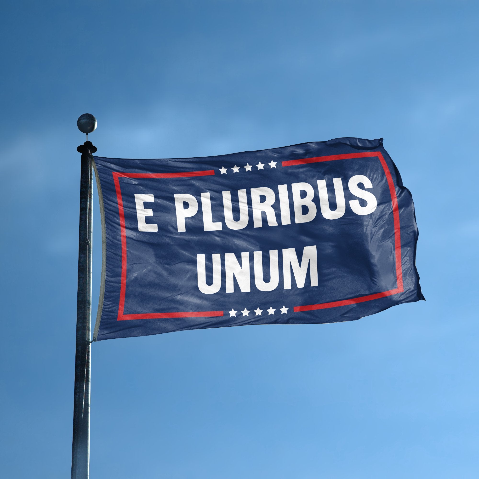 A flag with the saying "E Pluribus Unum Political" displayed on a high pole, with a red, white, and blue color scheme.