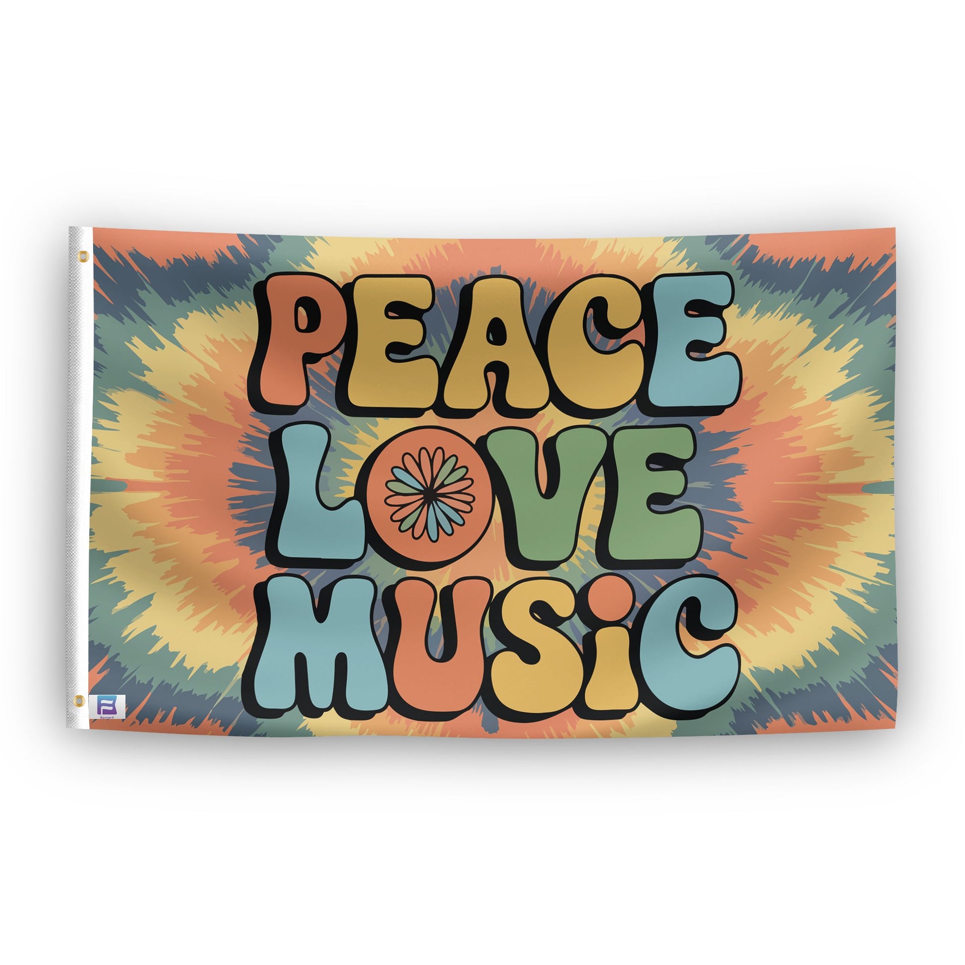 A flag with the saying "Peace Love Music", with a tie dye style color scheme.