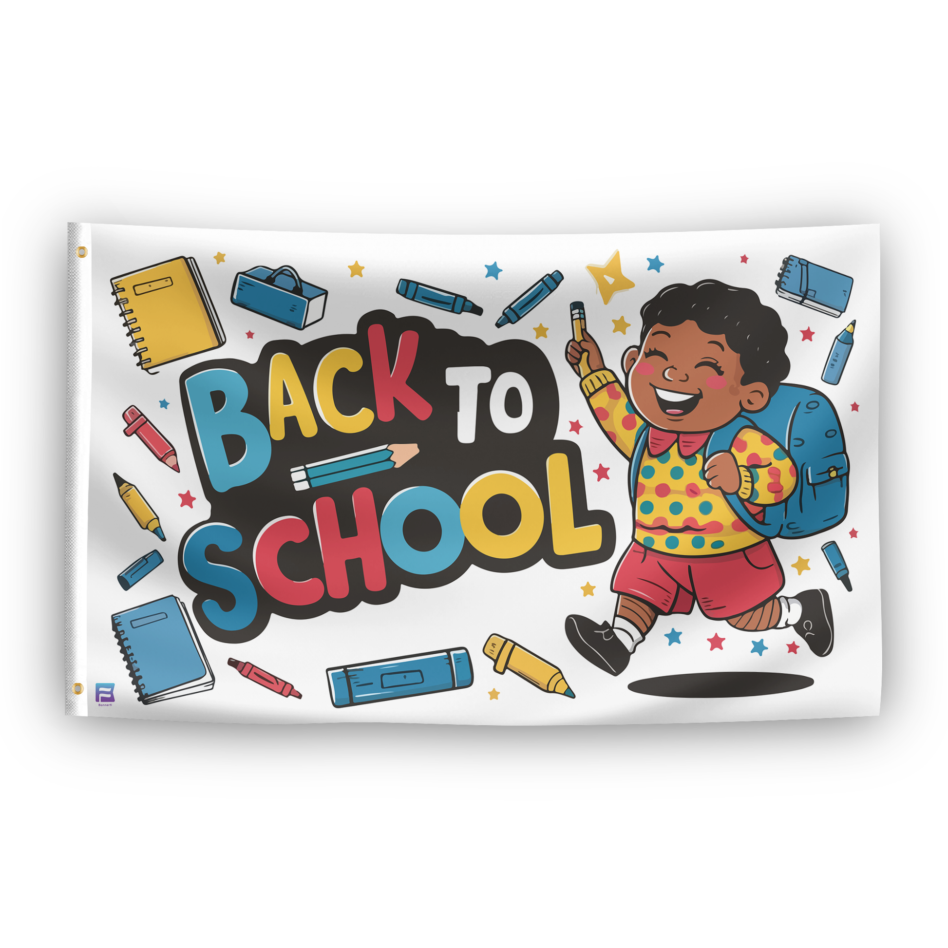 A flag with the saying "Back To School Classroom", with a special occasion color scheme.