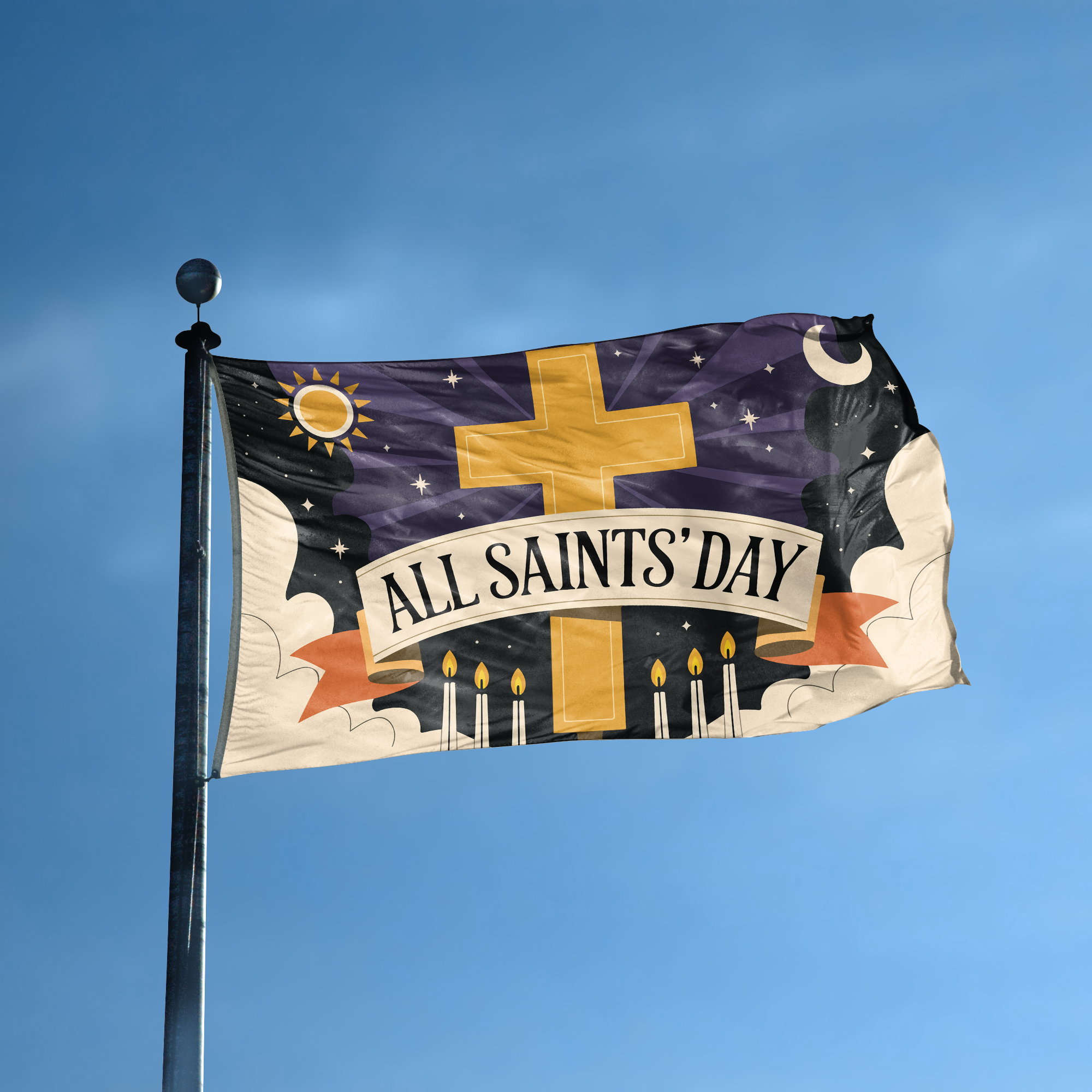 A flag with the saying "All Saints' Day" displayed on a high pole, with a holiday themed color scheme.