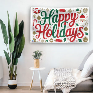 In a home setting, a flag with the saying "Happy Holidays" is mounted on a white wall by a side table.