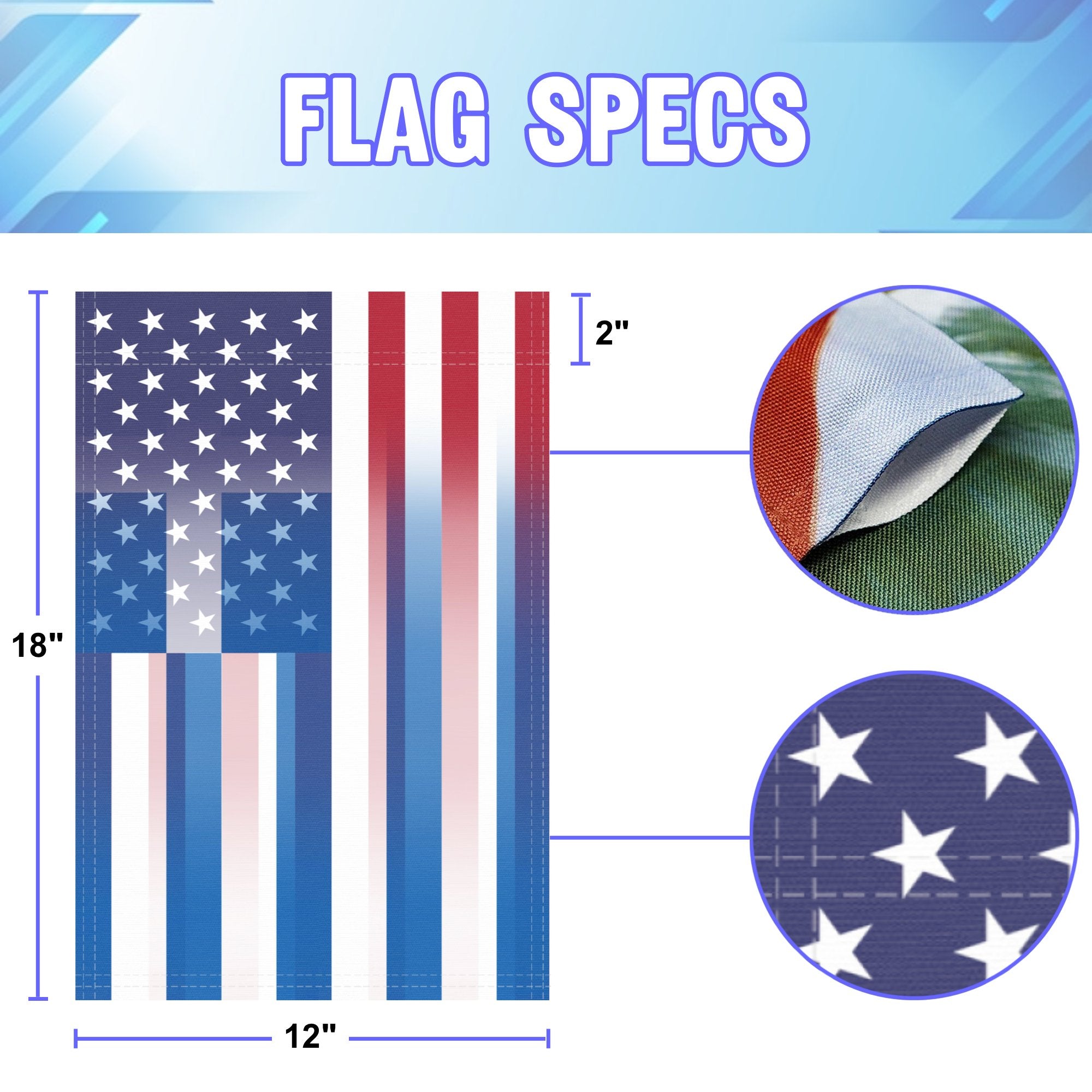 12 inch by 18 inch size specifications of a garden flag with the Greek American flag design seamlessly blended with the American flag.