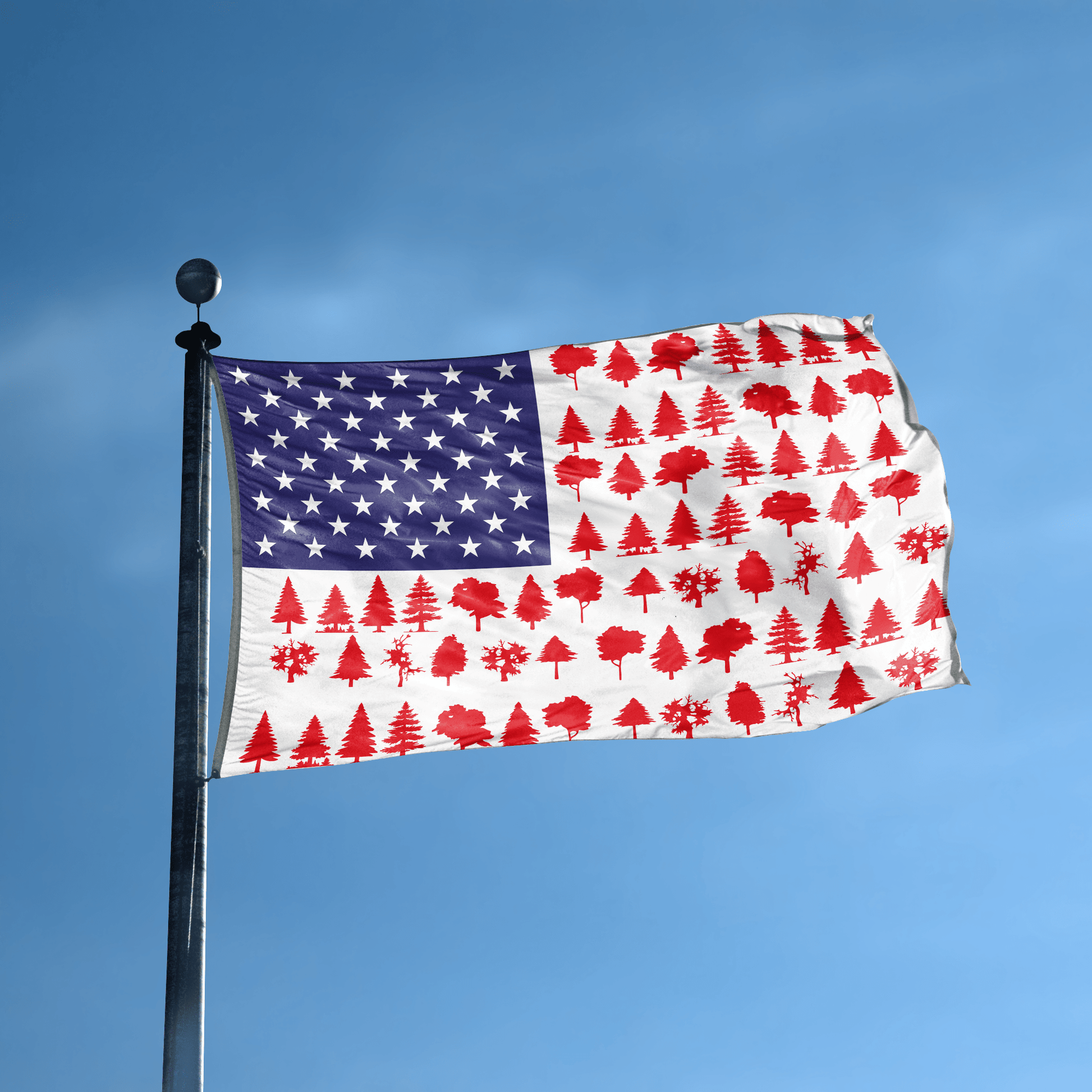 An american flag with the red stripes changed to match the theme "Tree Stripes American" displayed on a high pole.