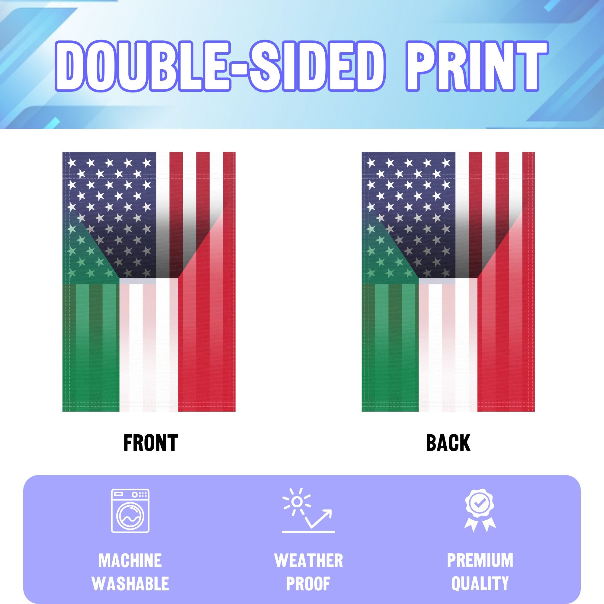 An infographic showing the double sided and high quality characteristics of the Kuwaiti American American hybrid garden flag.