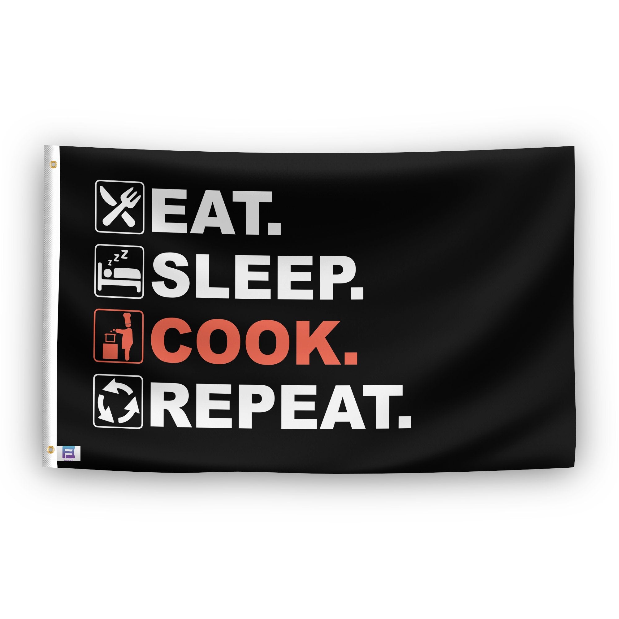 A flag with the saying "Eat Sleep Cook Repeat", with a black, white and themed color scheme.