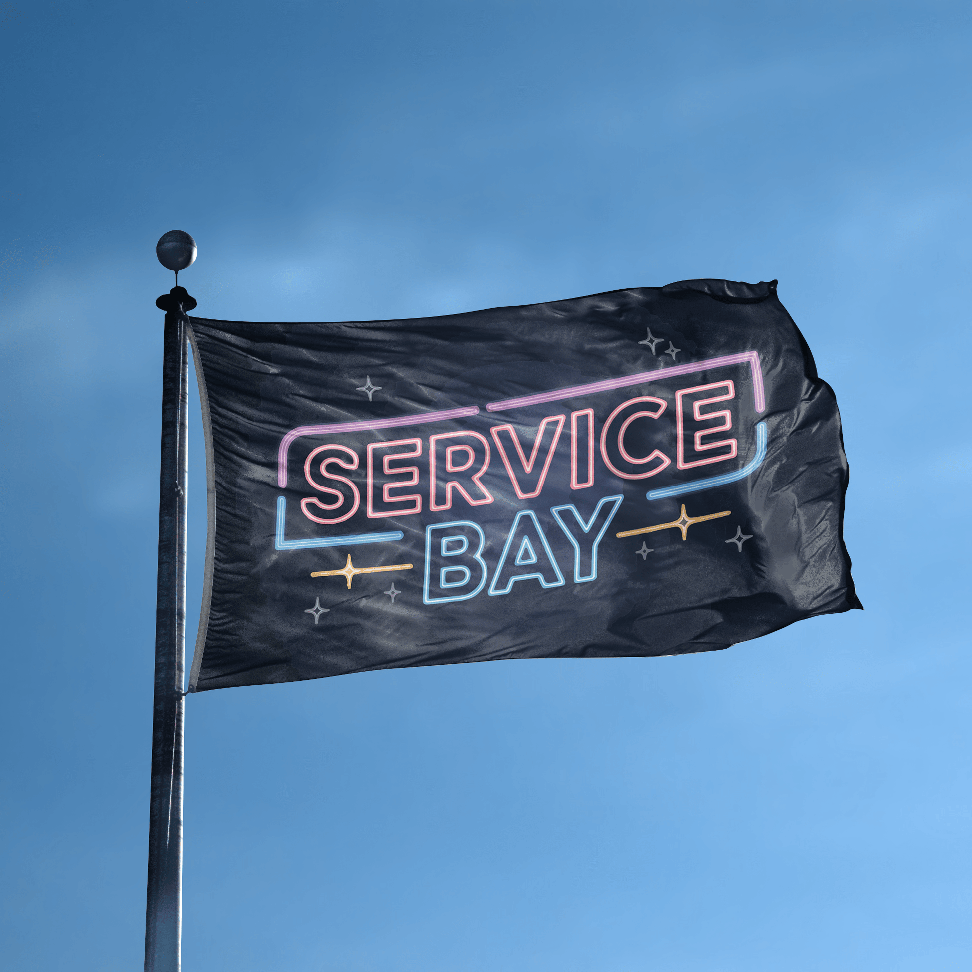 A flag with the saying "Service Bay" displayed on a high pole, with a neon style color scheme.